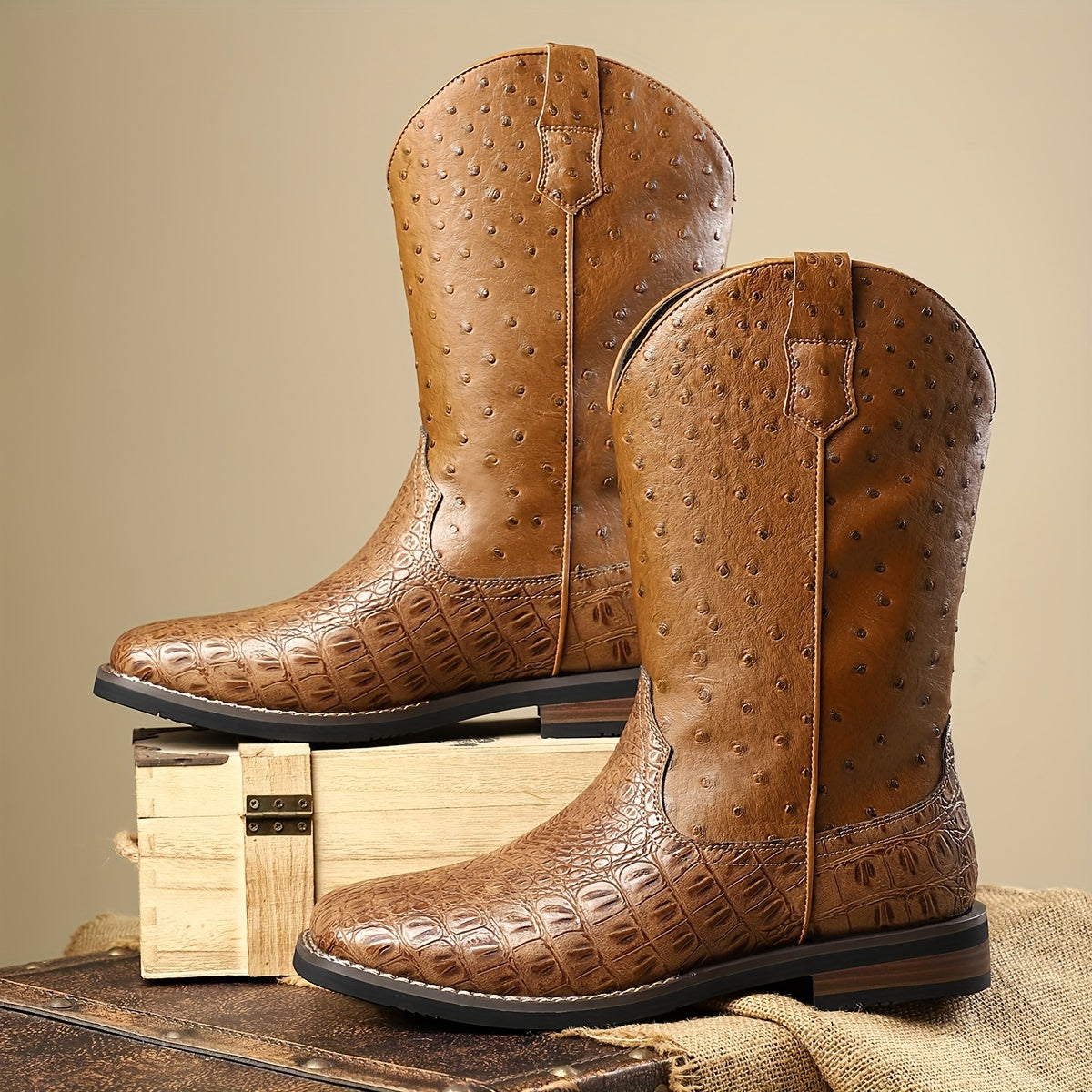 [All-Season Solid Color Cowboy Boots] Men's Casual Western Boots with Ostrich-Quill Print PU Upper, Fabric Lining, Rubber Sole, Slip-On Closure, Pointed Toe - All-Season Solid Color Daily Wear Cowboy Boots