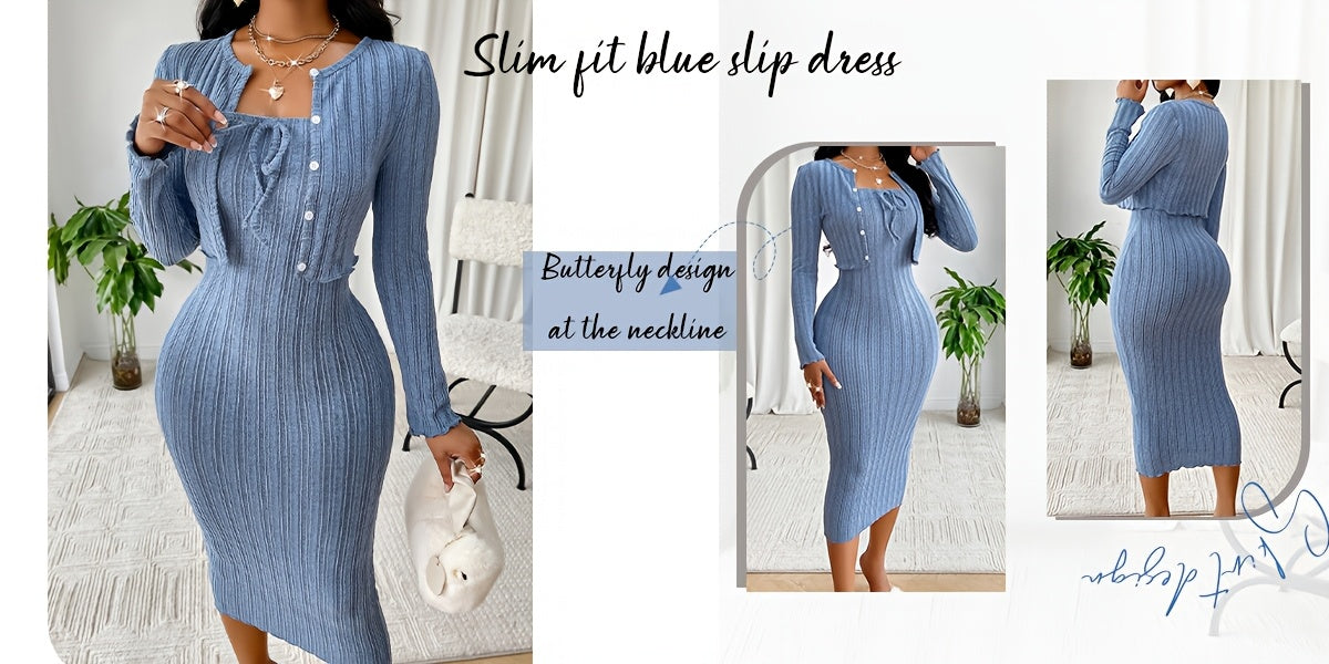 Women's Casual Simple Fashion Textured Solid Color Bow Tie Bodice Dress with Short Jacket Two Piece Set