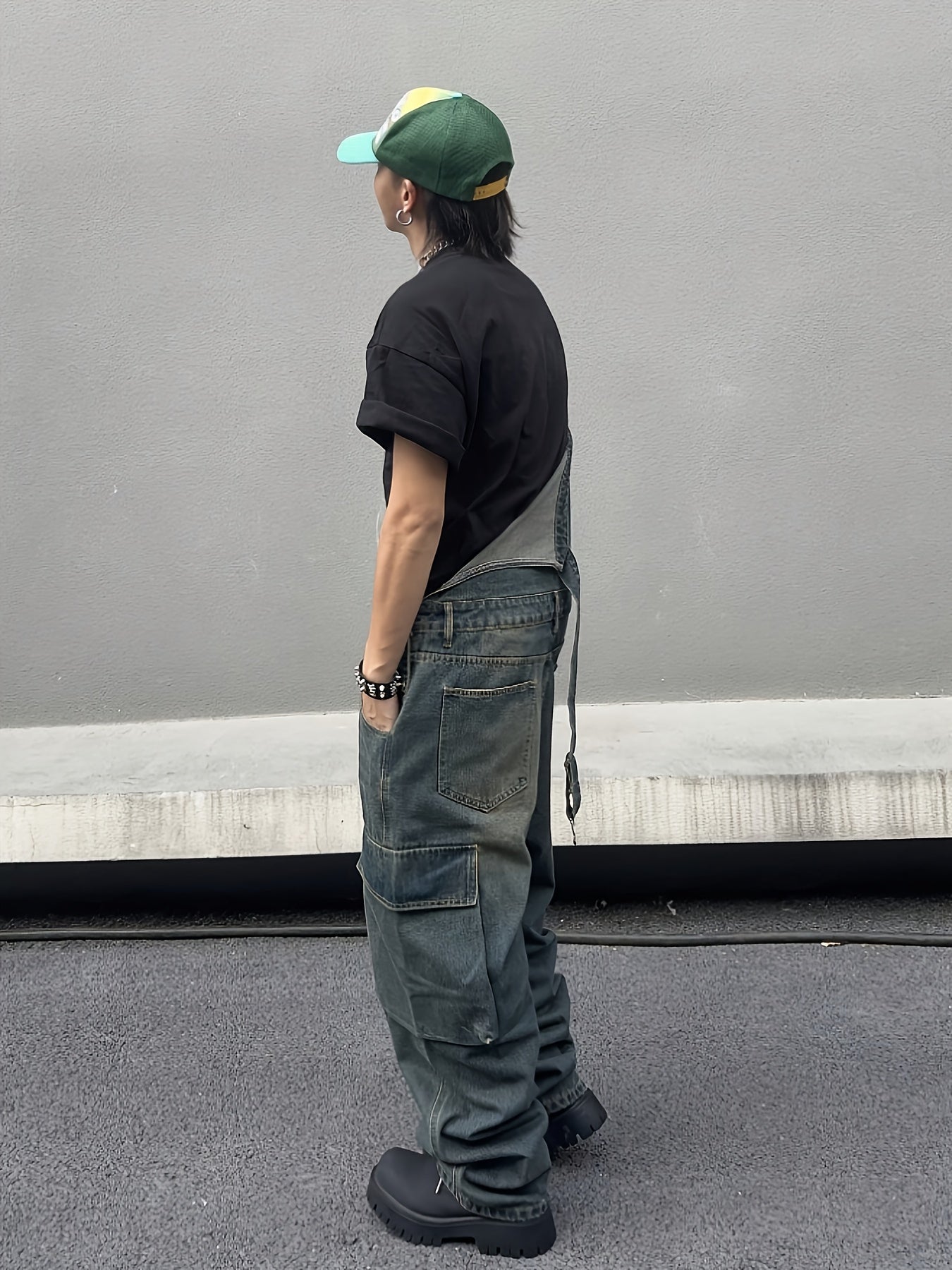 HME Men's Heavyweight Distressed Faux Denim Overalls Jumpsuit - Vintage Washed White with Large Functional Pockets, Loose Wide-Leg Fit, All-Season Casual Streetwear & Hip-Hop Style, Beltless Design with Buckle Closure, Machin