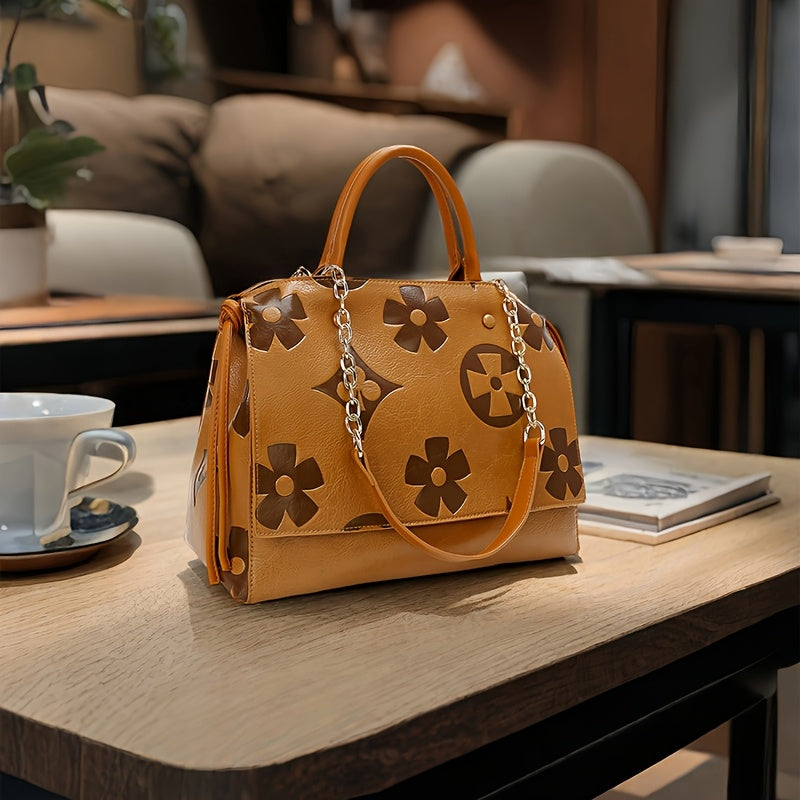 [Elegant Floral Tote Bag] IVKMIVK Women's Floral Embossed Tote Bag - Elegant Synthetic Faux Leather with Golden-Tone Hardware, Large Capacity, Perfect for Daily Commute, Office, and Travel | Floral Embossed Design | Office To