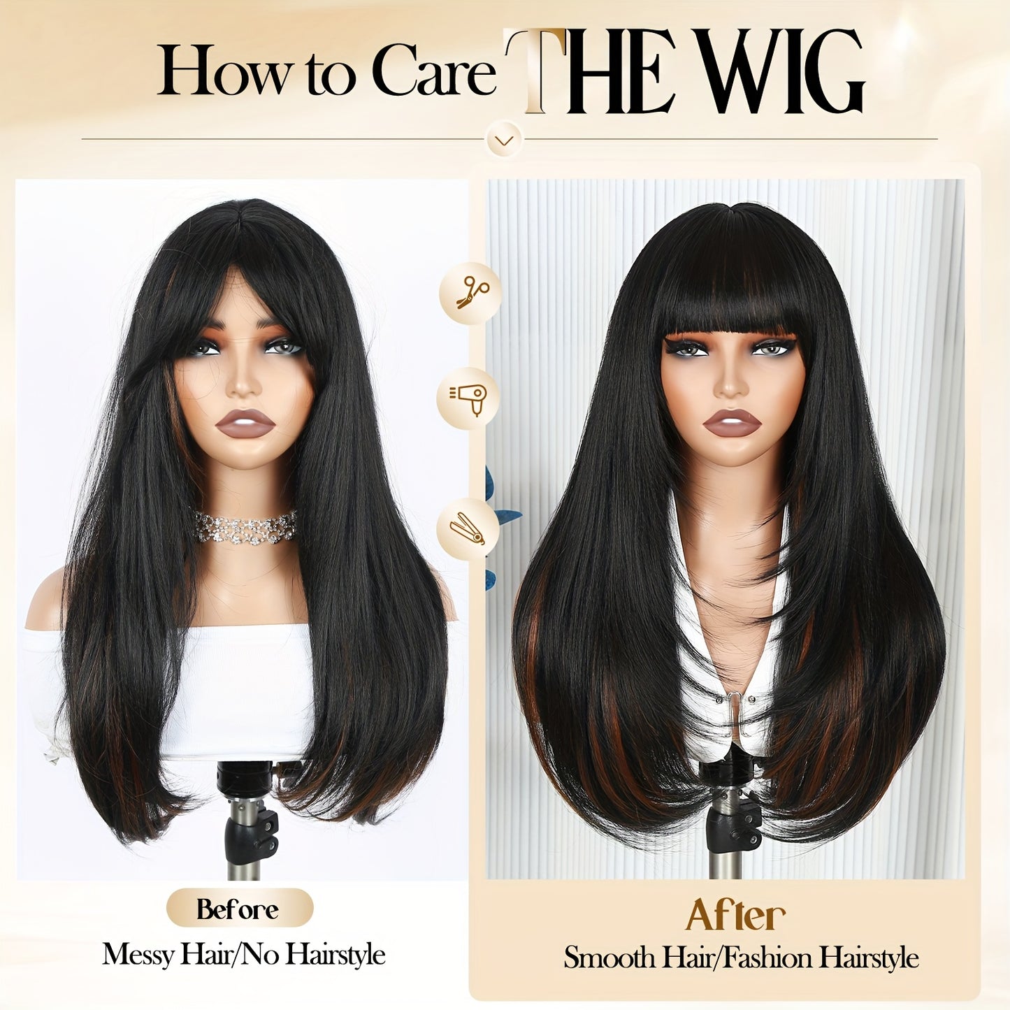 Long Straight Layered Wig with Bangs Glueless Natural Black Synthetic Bangs Wig 26 Inch Put On and Go Wigs High Temperature Fiber Pixie Cut Layered Wig for Women Daily Use