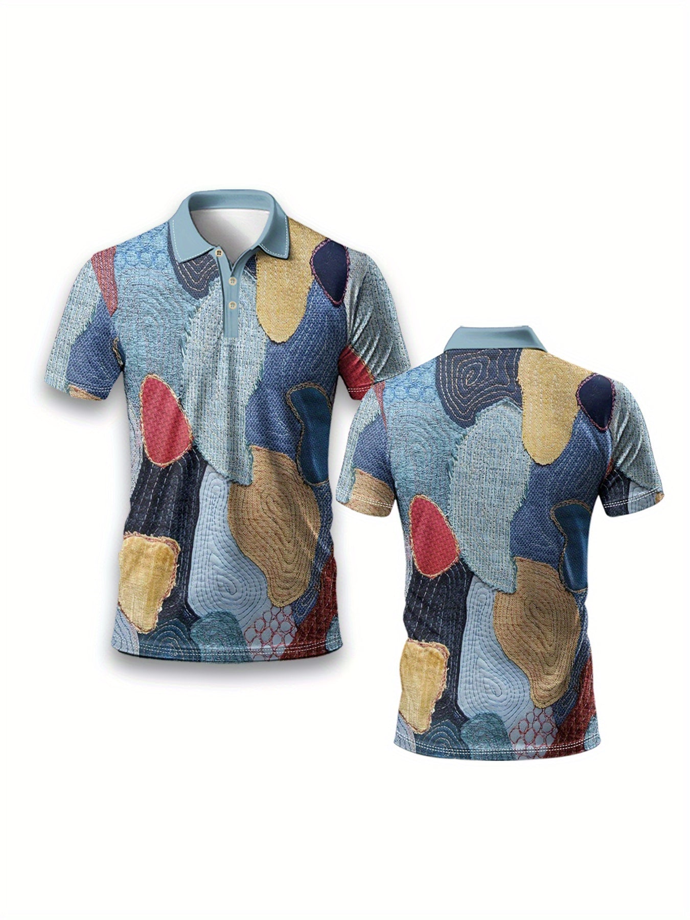 Men'S Casual Geometric Patchwork Printed Short-Sleeved Sports POLO Shirt
