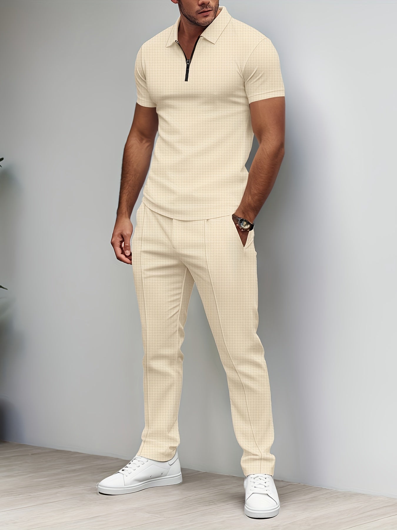 Men's Waffle Texture Lapel Shirt And Pants Set - Polyester Short Sleeved Shirt, Zipper Access, Elastic Drawstring Waist Straight Leg Pants 5 Colors Suitable For Spring, Summer, Autumn, Beach, Outdoor Activities, Daily Wear, S