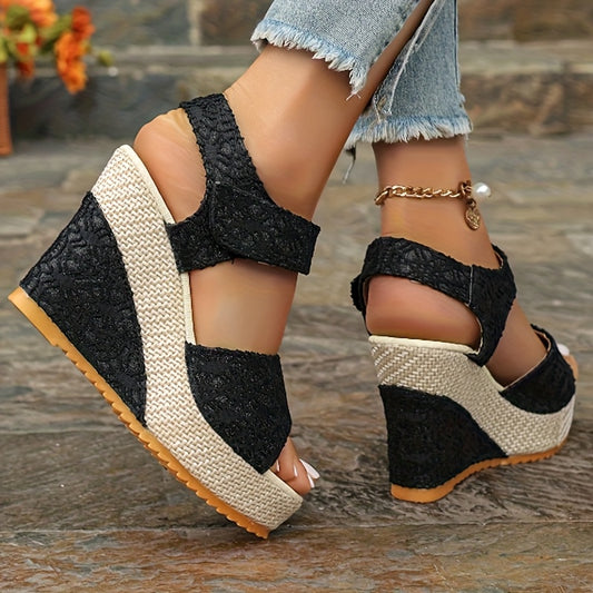 2025 Summer New Style Women'S Elegant Black High Heel Sandals with Floral Lace Details, One-Line Wedge Sandals
