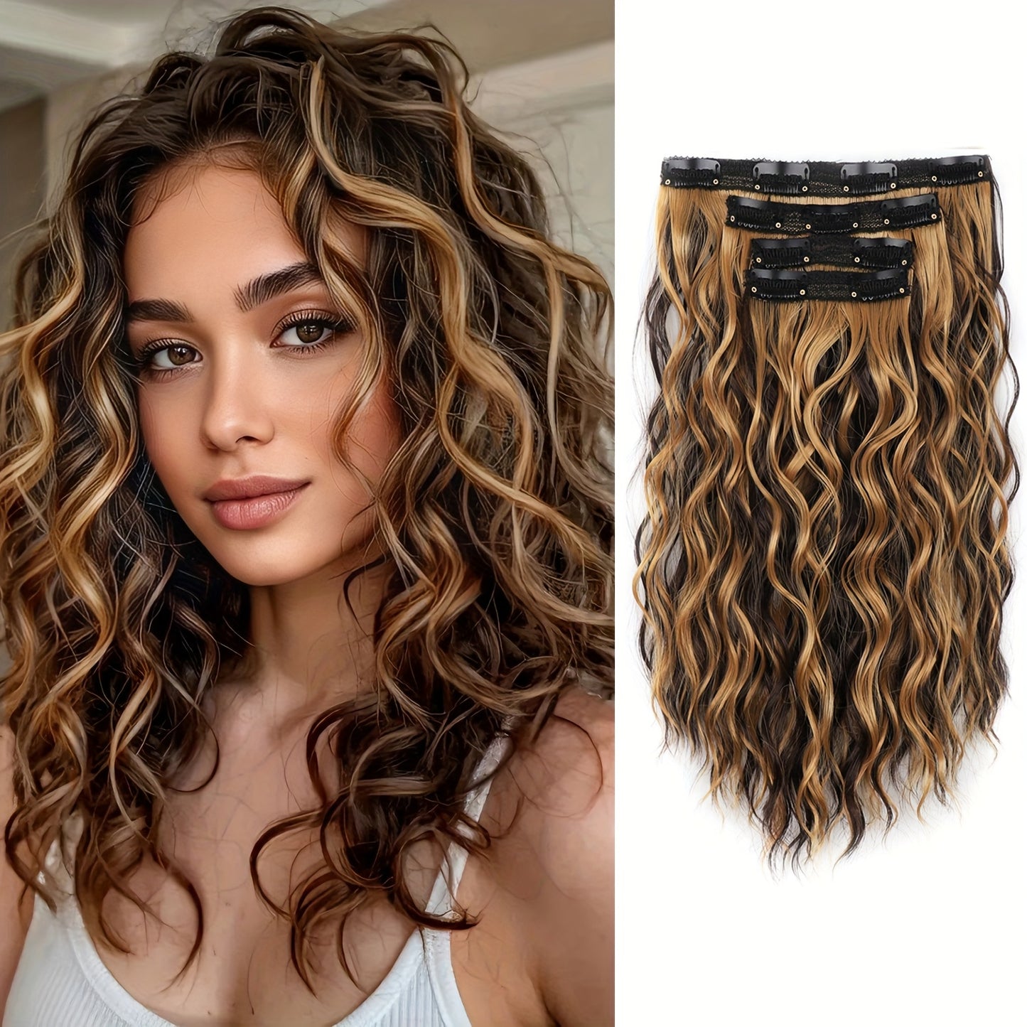 12 Inch Curly Hair Extensions with Invisible Clips - Natural Looking Curly Waves, Chocolate Brown & Honey Blonde Ombre, Soft Lace Weft Clip-In Extensions for Women, Volume & Length, Comfortable Clip-In Wig for Daily Use Speci