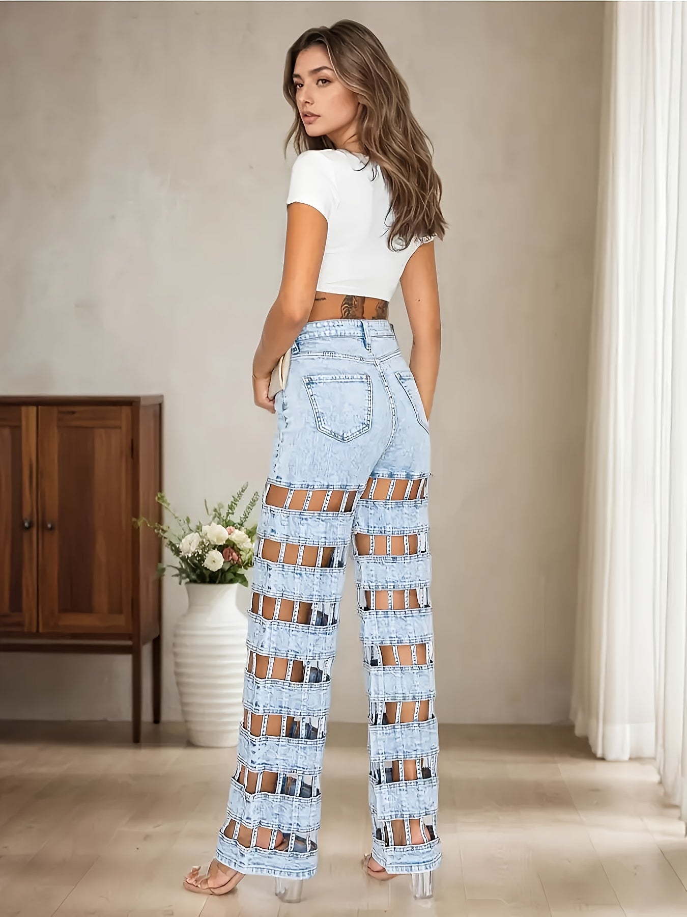 Light Blue Women's High-Waist Distressed Denim Wide-Leg Jeans - Casual Street Style with Raw Hem, Button Closure, Washed Finish for Spring & Fall, High Waisted Jeans, Fall Fashion, Fashion forward Look, Non-stretch Fabric