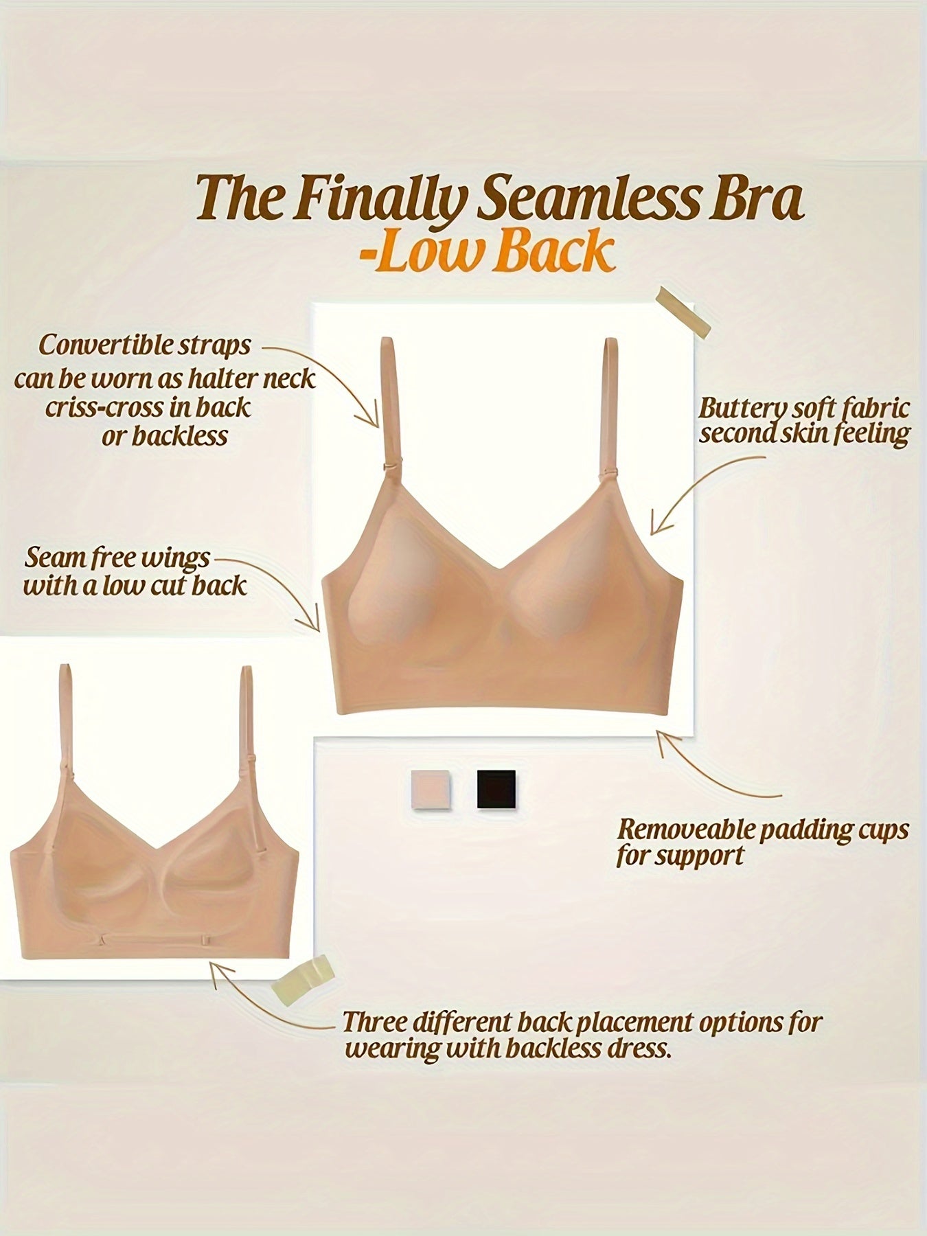 Women's Seamless T-Shirt Bra with Removable Padding - Polyamide Spandex Blend, Low Back, Convertible Straps, Wire-Free, Solid Color Basics
