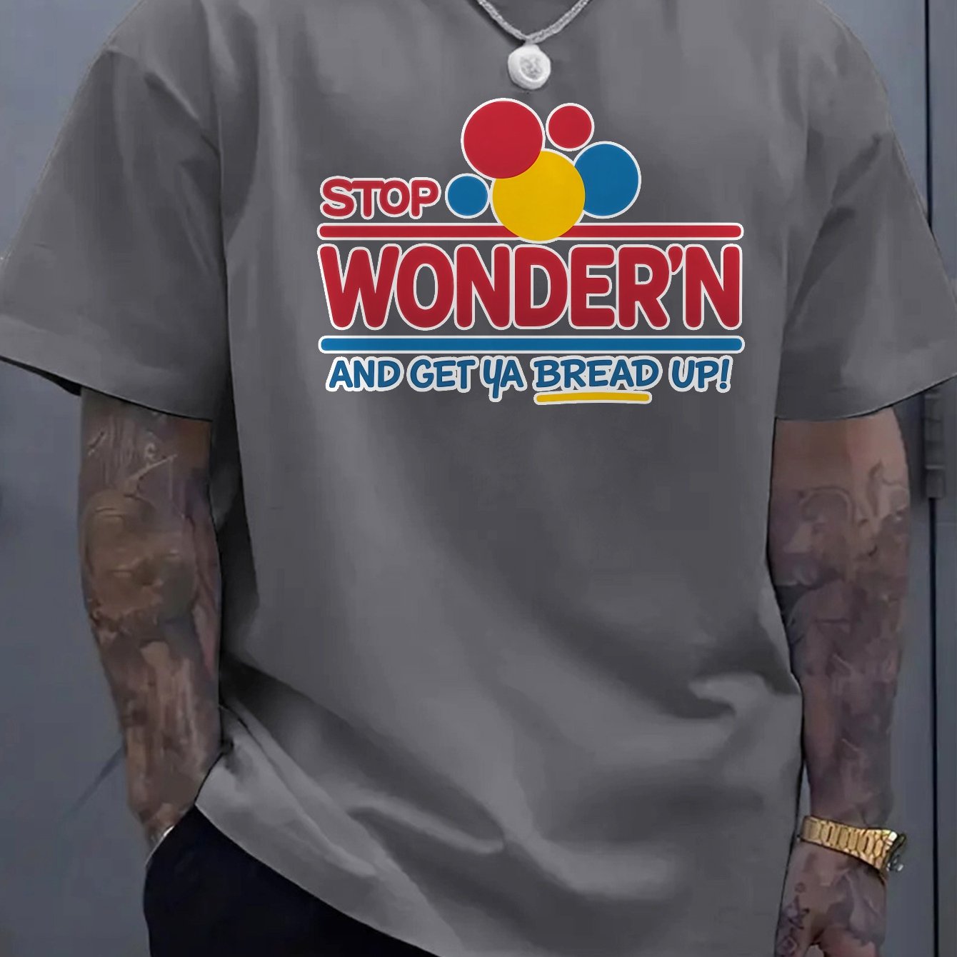 Men's Soft Cotton T-Shirt with "Stop Wondering and Get a Bread Up!" Graphic Print - Casual Loose Fit, Short Sleeve, Round Neck, Breathable & Comfortable for Casual Attire, Gym, or Summer Activities, Gym Shirts