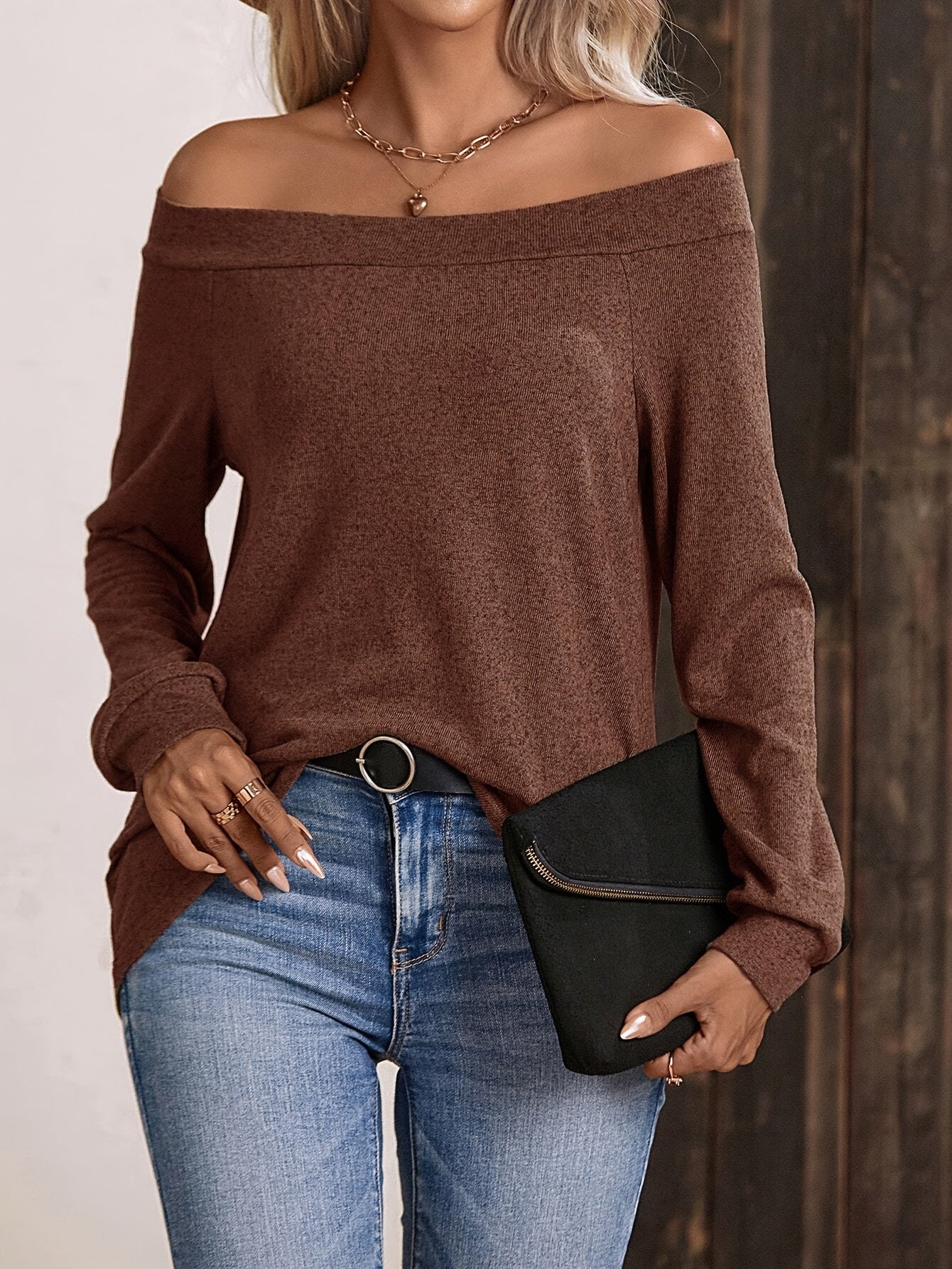 LUNE Women's Elegant Off-Shoulder Brown T-Shirt - Long Sleeve Ruched Detail Top, 100% Polyester, Medium Stretch, Solid Color Chic Blouse for Spring & Fall