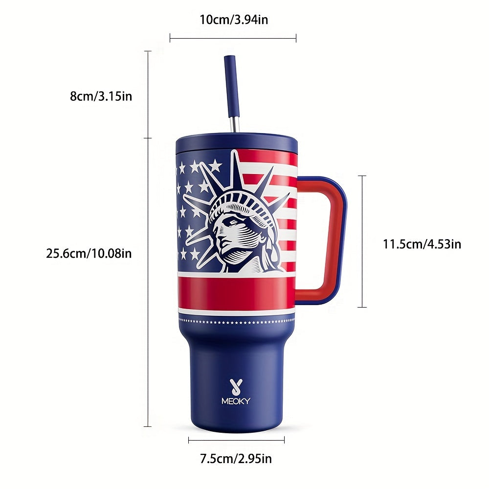 [American Flag Vacuum Mug] 1pc Stainless Steel American Flag Vacuum Insulated Travel Mug - With Handle, Lid, and Straw - For Independence Day & Memorial Day