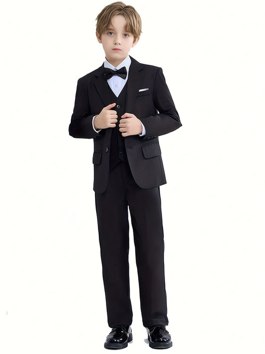 Navy Boys Suits Slim Fit 5 Piece Formal Dresswear Suit for Kids Tuxedo Wedding Set Boy Dress with Vest Pants Tie and Bow Tie