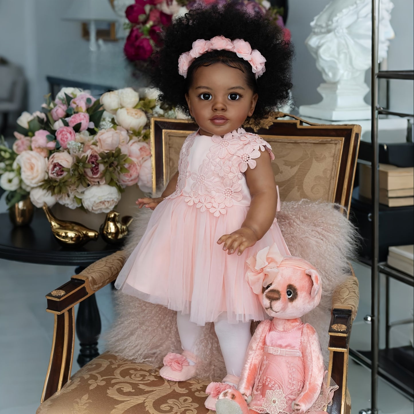 [Realistic Reborn Baby Doll] 26" African American Black Realistic Reborn Baby Doll with Rooted Curly Hair, Expressive Eyes & Lifelike Light Beige - Newborn Girl Doll with Outfit & Diaper - Ideal Gift for Girls Age 3+ (Vinyl &