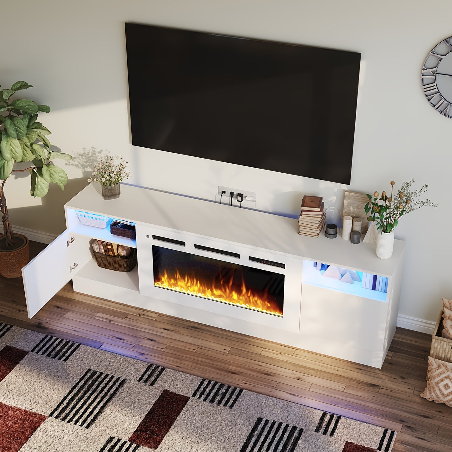 Modern Electric Fireplace TV Stand Entertainment Center with 36.3" Wall-Mounted Fireplace, 12-Color LED Lights, High-Gloss Storage Cabinet & Hardwood Construction - Fits TVs Up to 80", Energy-Efficient, Adjustable Timer