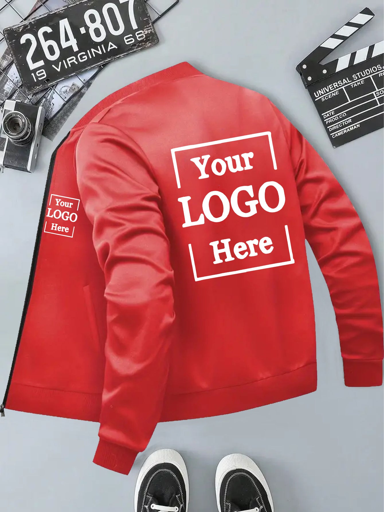 Men's Customizable Zip-Up Pilot Jacket - Personalized Logo/Text, Black with White Print, Knit Polyester Coat, Baseball Collar & Side Pockets - Winter Streetwear for Formal/Casual Events - Branding Jacket, Casual Outerwear, St