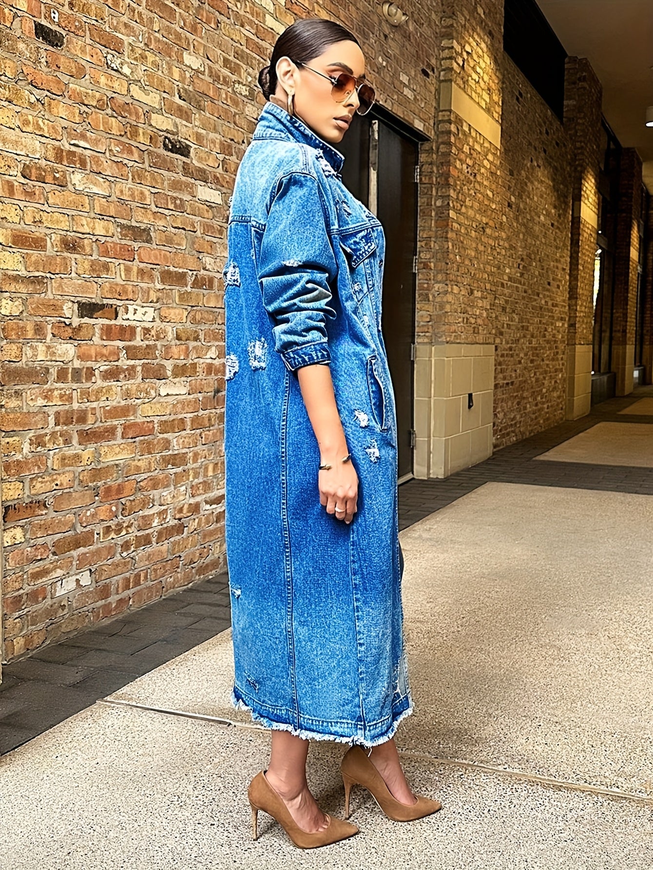 Broken Hole Long Denim Jacket, Women'S Denim Trench Coat Jacket, Real Pocket