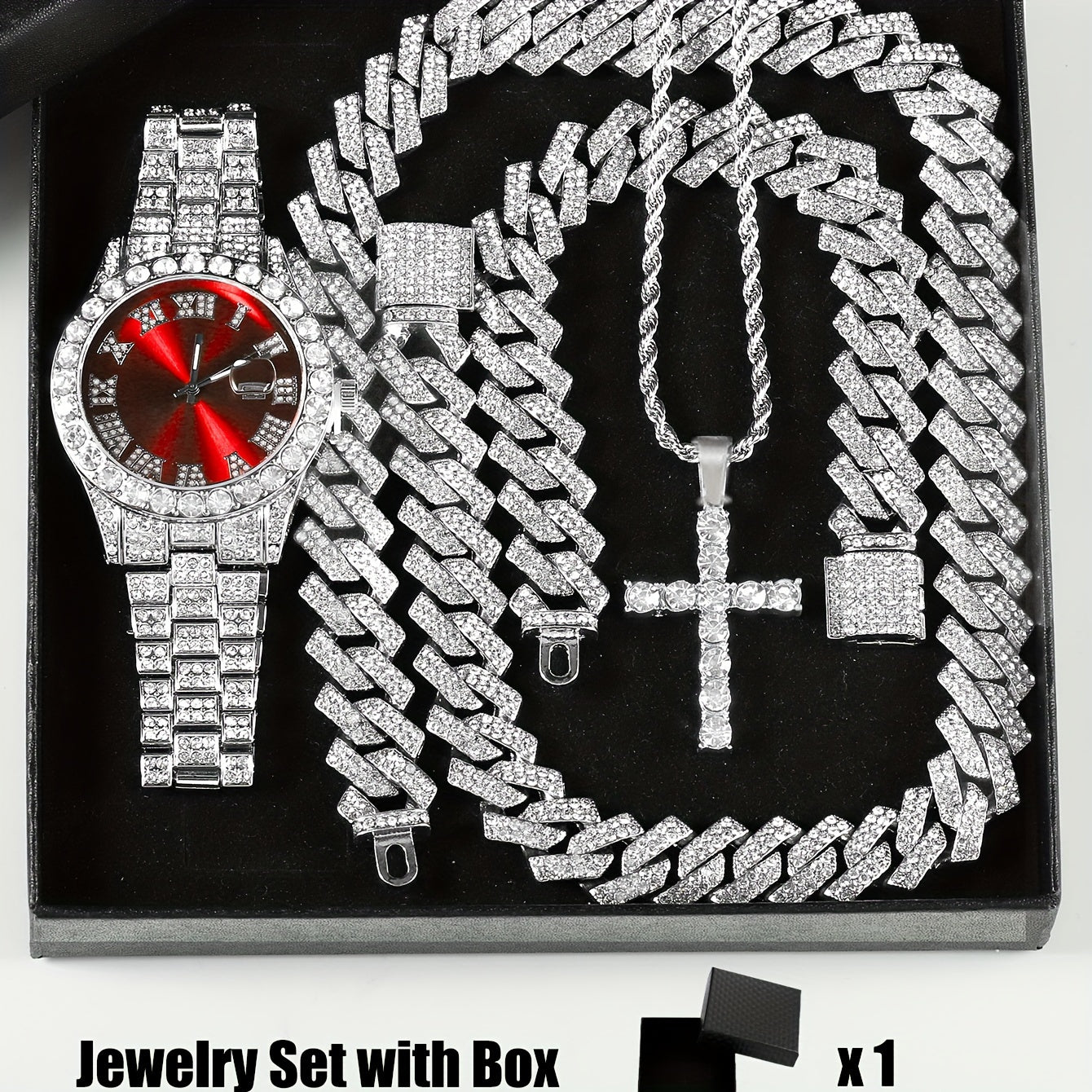 4pcs/set, Men's Rhinestone Wrist Watch & Cross Pendent Jewelry Set, For Men/Women