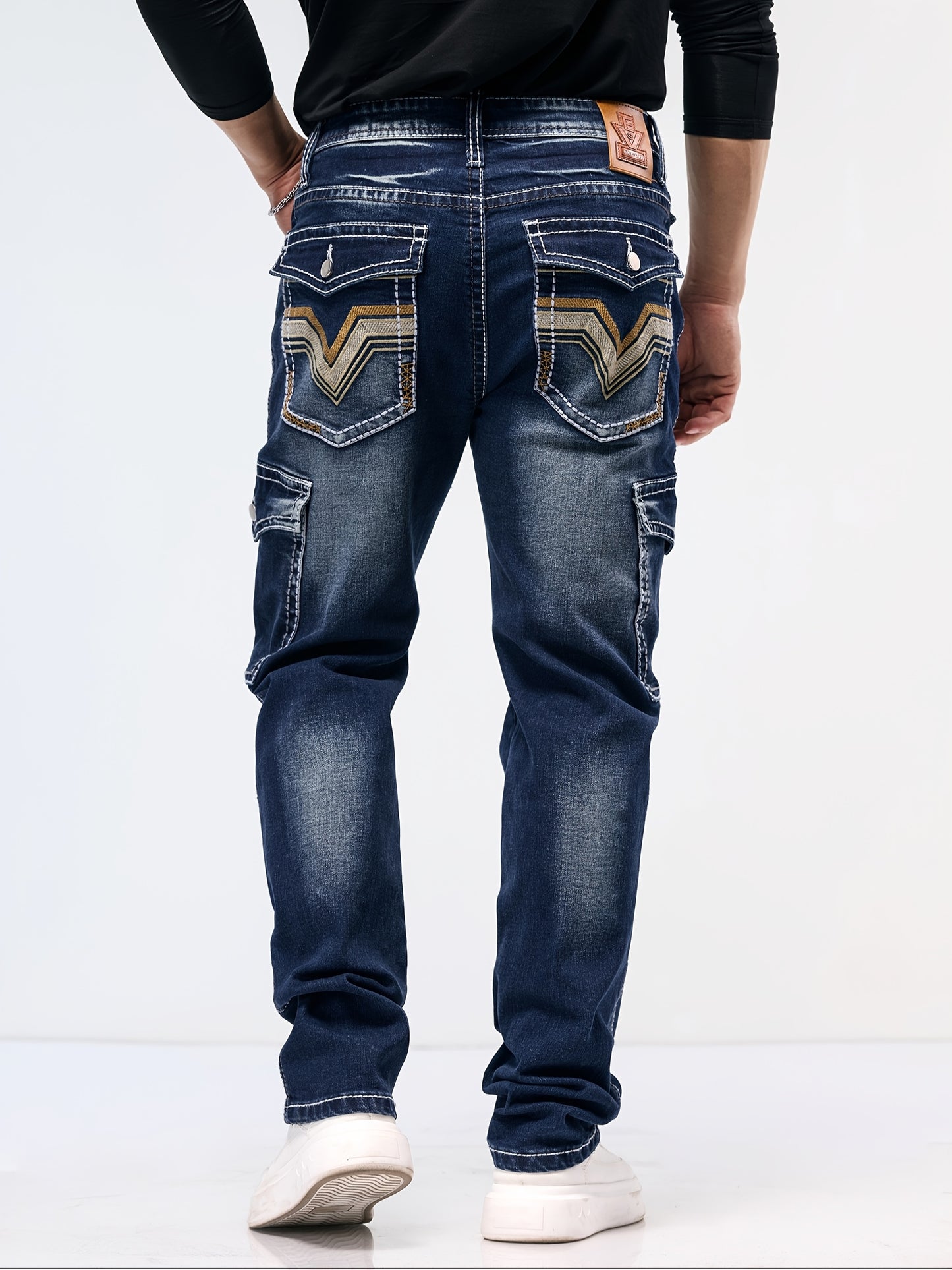 Men's Vintage Embroidered Stretch Denim Jeans with Multiple Pockets - Cotton Blend, Machine Washable