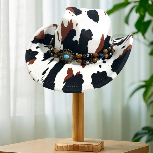 Cow Print Cowgirl Hat for Women & Men - Wide Brim Beaded Belt Western Cap with Black & White Cow Pattern, Brown & White Accents, Perfect for Parties, Beach, and Outdoor Events, Cowboy Hat, Party Accessory, Stylish Headwear