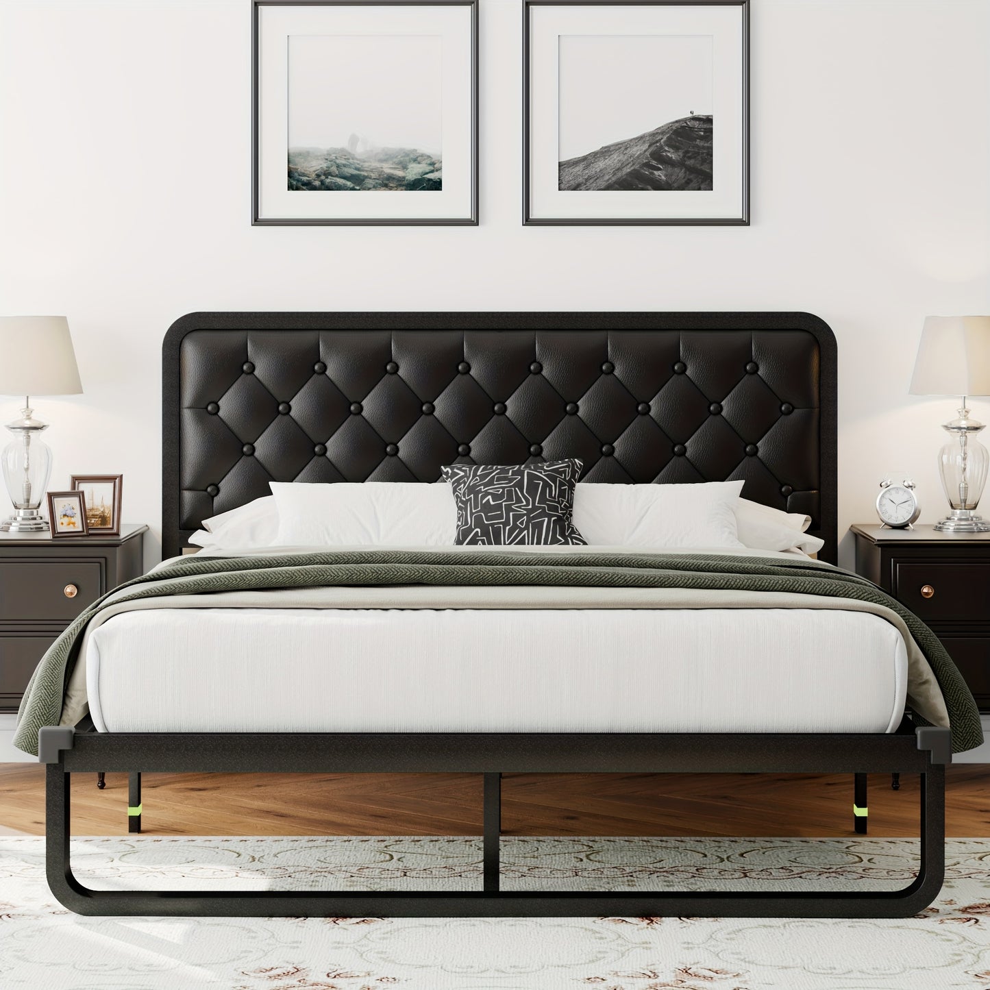 12" Heavy Duty Storage Platform Metal Bed Frame - Luxurious Button Tufted Upholstered Headboard, No Box Spring Needed, Sturdy Construction, Ample Storage Space, Easy Assembly