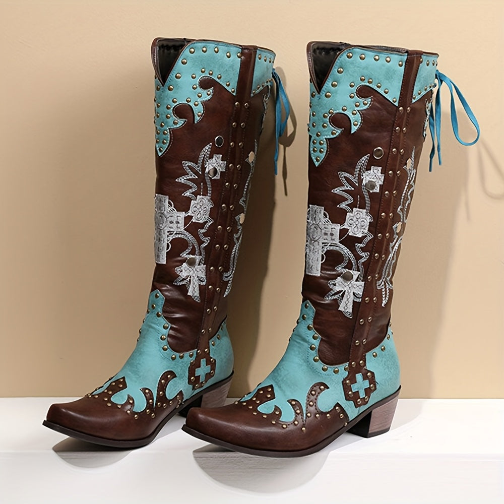 [Vintage Floral Cowboy Boots] Vintage Floral Embroidered Women's Knee-High Cowboy Boots | Square Toe Chunky Mid-Calf Heel, Turquoise & Brown PU Cover Western Boots with Rubber Sole, All-Season Casual Wear