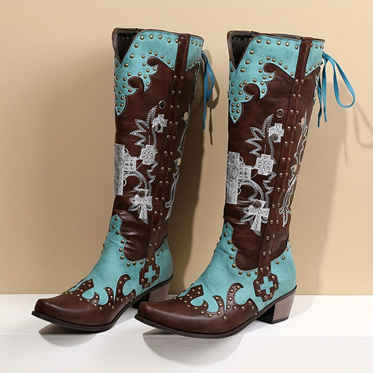 [Vintage Floral Cowboy Boots] Vintage Floral Embroidered Women's Knee-High Cowboy Boots | Square Toe Chunky Mid-Calf Heel, Turquoise & Brown PU Cover Western Boots with Rubber Sole, All-Season Casual Wear