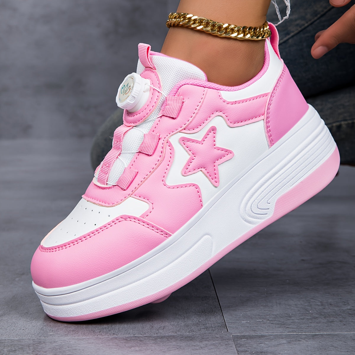 & Pink Roller Skate Sneakers with Detachable Wheels & Rotating Buckle Closure - All-Season Comfort, Star Pattern Design, Low-Top TPR Sole & EVA Cushioning - Durable -like Upper for Training, Sports, Outdoor Play - Ideal Birth