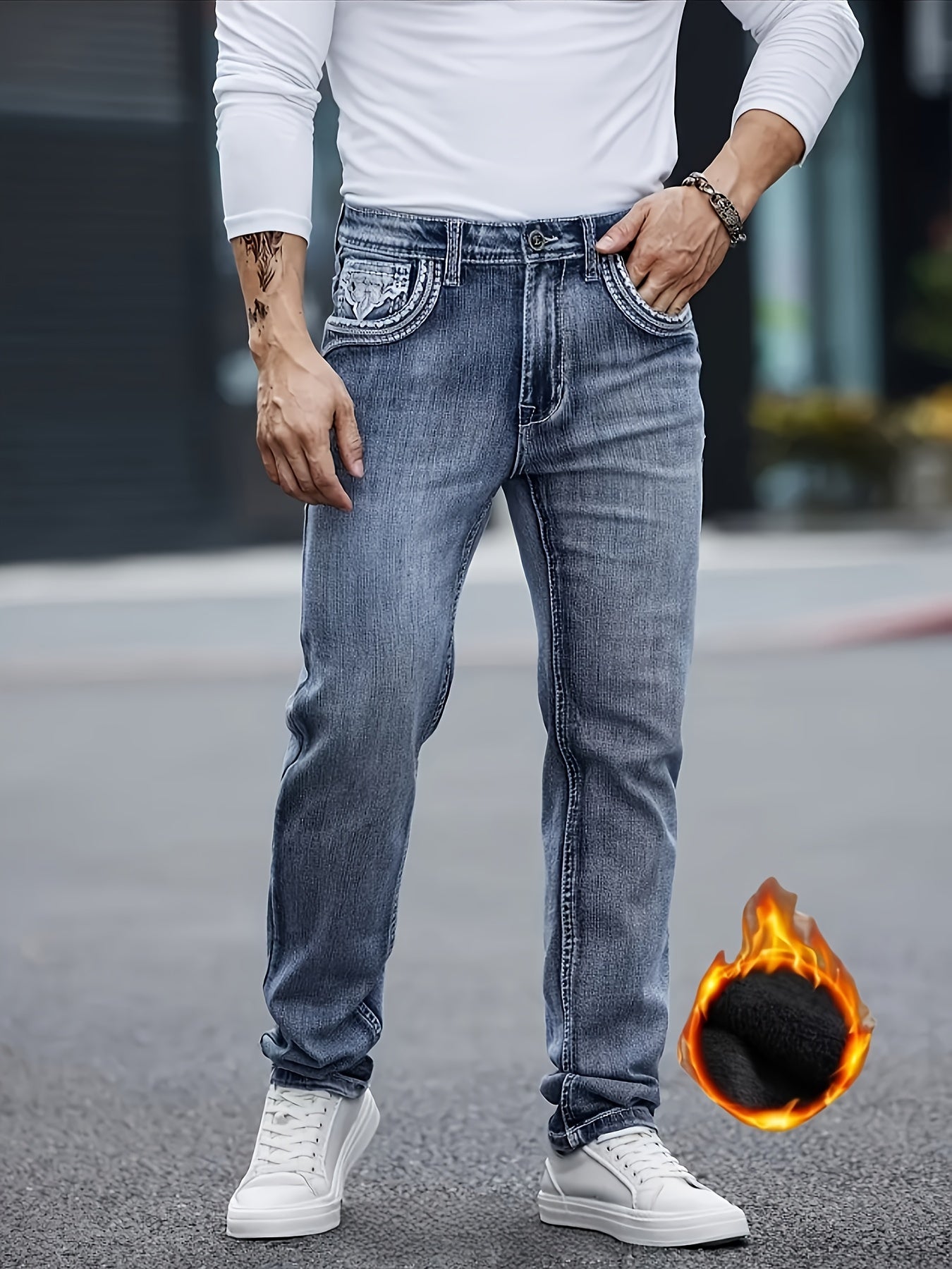 HME Men's Heavy-Duty Winter Jeans - Thickened Fleece-Lined Insulated Pants with Beltless Design & Zipper Closure, Mid-Stretch Denim Trousers for Business & Casual Attire - Machine Washable, Warm Casual Winter Pants for Cold W