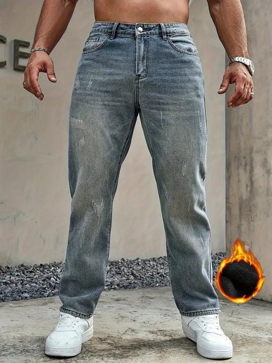 Men'S Heavy-Duty Thermal Faux Denim - Thickened Fleece-Lined Winter Pants with Zipper Closure, Mid-Rise Straight-Leg Fit, Vintage Washed Faux Denim for Cold Weather - Machine Washable Faux Denim for Business, Everyday & Forma
