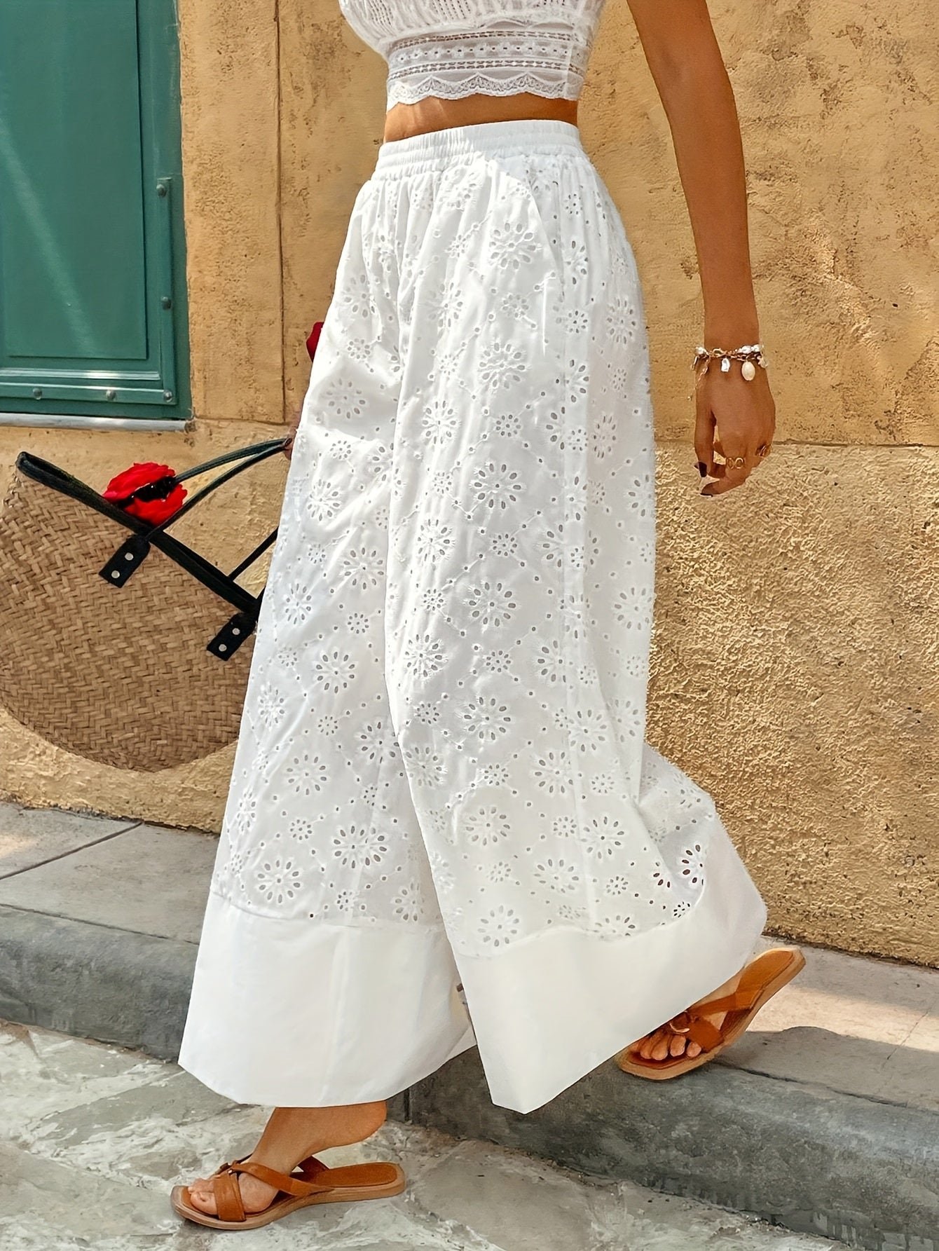 [Elegant High-Waisted Pants] Women's Elegant High-Waisted Wide-Leg Pants | Solid Color Non-Stretch Trousers for Autumn/Winter, Machine Washable Office & Casual Wear, Elegance Collection, Winter Trousers, Floral Pattern Trouse