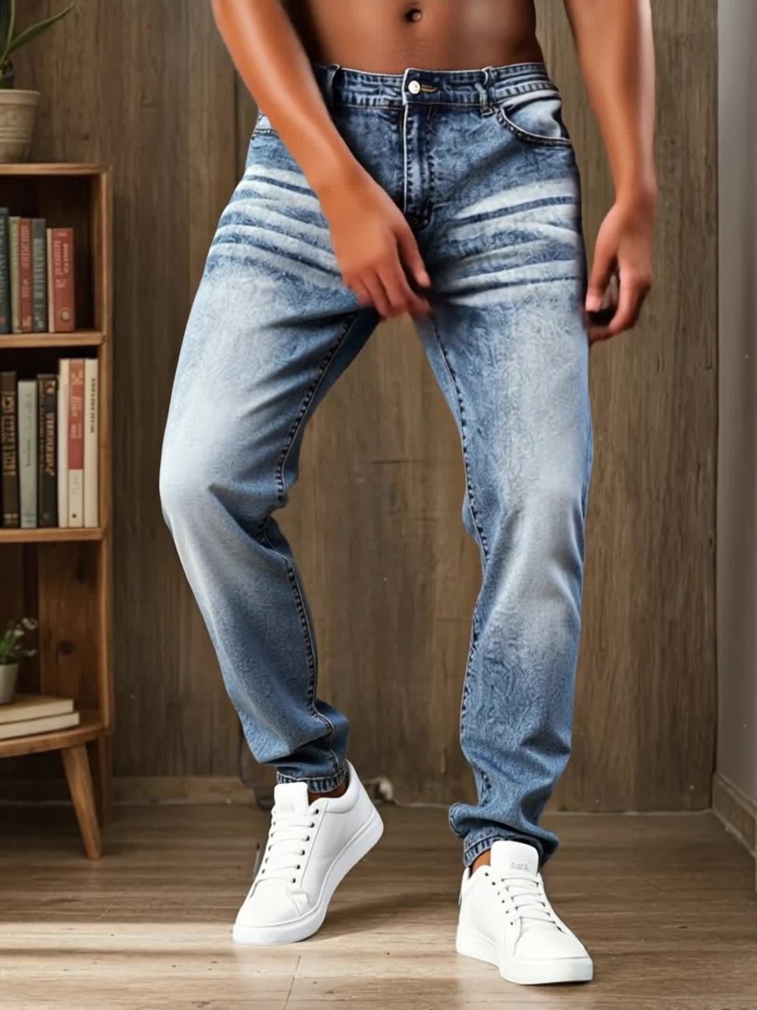 HME Men's Stretch Jeans - Skinny Fit Stretch Denim Pants with Mid-Rise Straight Leg, Vintage Washed Blue Jeans, Machine Washable Everyday Casual Pants for All Seasons (Non-See-Through), Allseason Clothing, Timeless Fivepocket