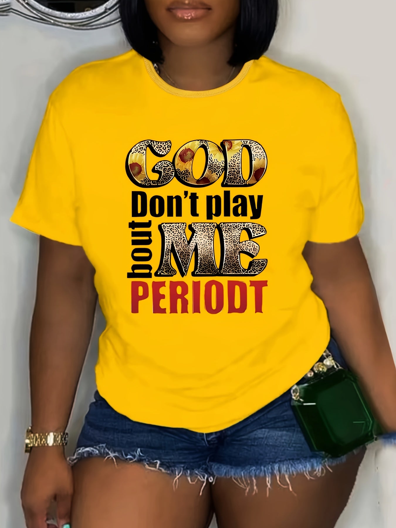 Plus Size Women's T-Shirt - "God Don't Play with Me" Graphic, Yellow Polyester Blend, Short Sleeve, Round Neck, Machine Washable