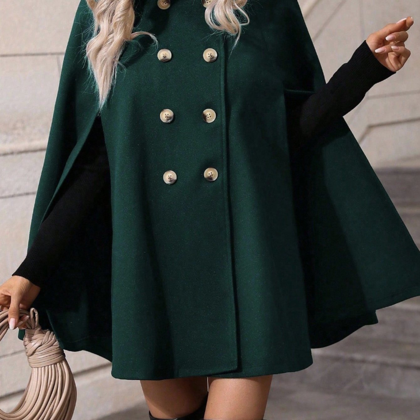 's Dark Green Double Breasted Cape Coat - Vintage Elegant Collar Winter Coat with Golden-Tone Buttons, Single-Breasted Outer Layer & Inner Wear Potential, Hand Washable Non-Stretch Jacket for Autumn/Winter (Office, Parties, C