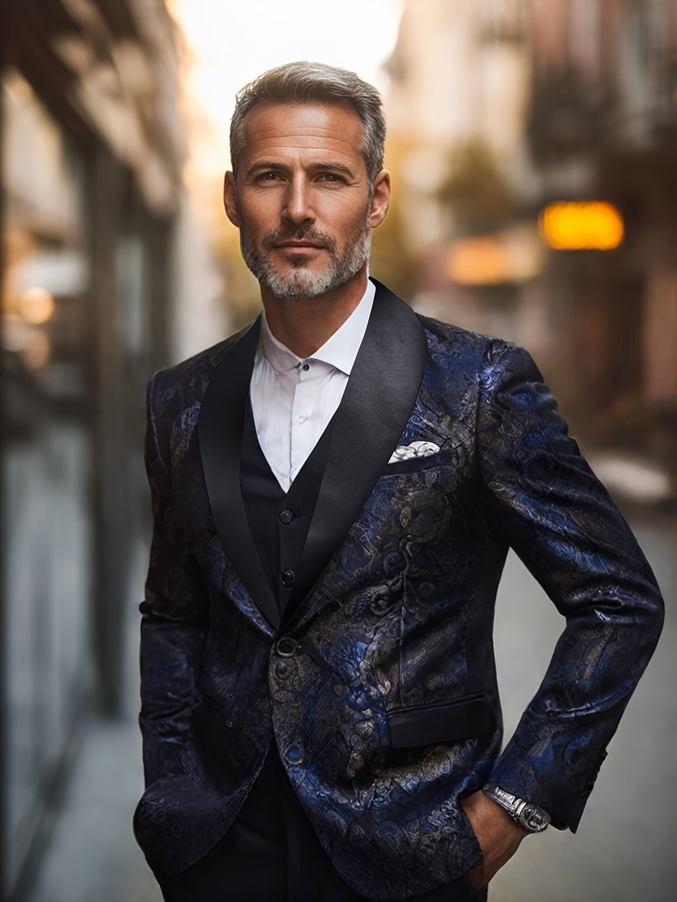 Navy Blue & Black 2025 Men's Floral Print Suit - Elegant Long Sleeve with Lapel Collar, Button-Up Blazer & Trousers for Weddings, Parties, Dates - Premium Fabric, Formal Attire, Date Night Outfit, Classic Fashion, Sophisticat