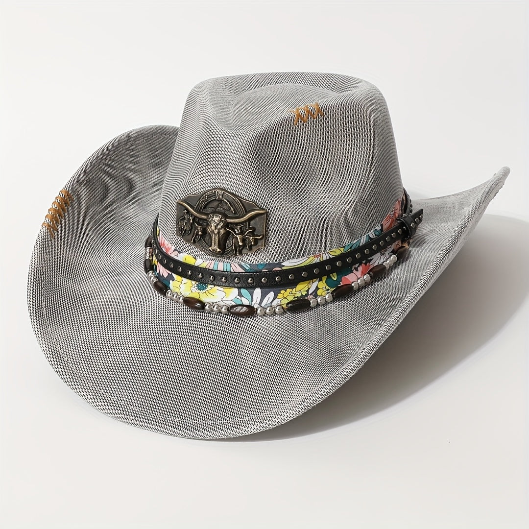 Men'S Western Cowboy Hat - Black Wide Brim with Blue & White Floral Embroidery, Copper Bull Head Metal Belt Buckle, Lightweight Fitted Design for Outdoor, Parties, Performances - All-Season Versatile Cowboy Hat, Cowboy Hat