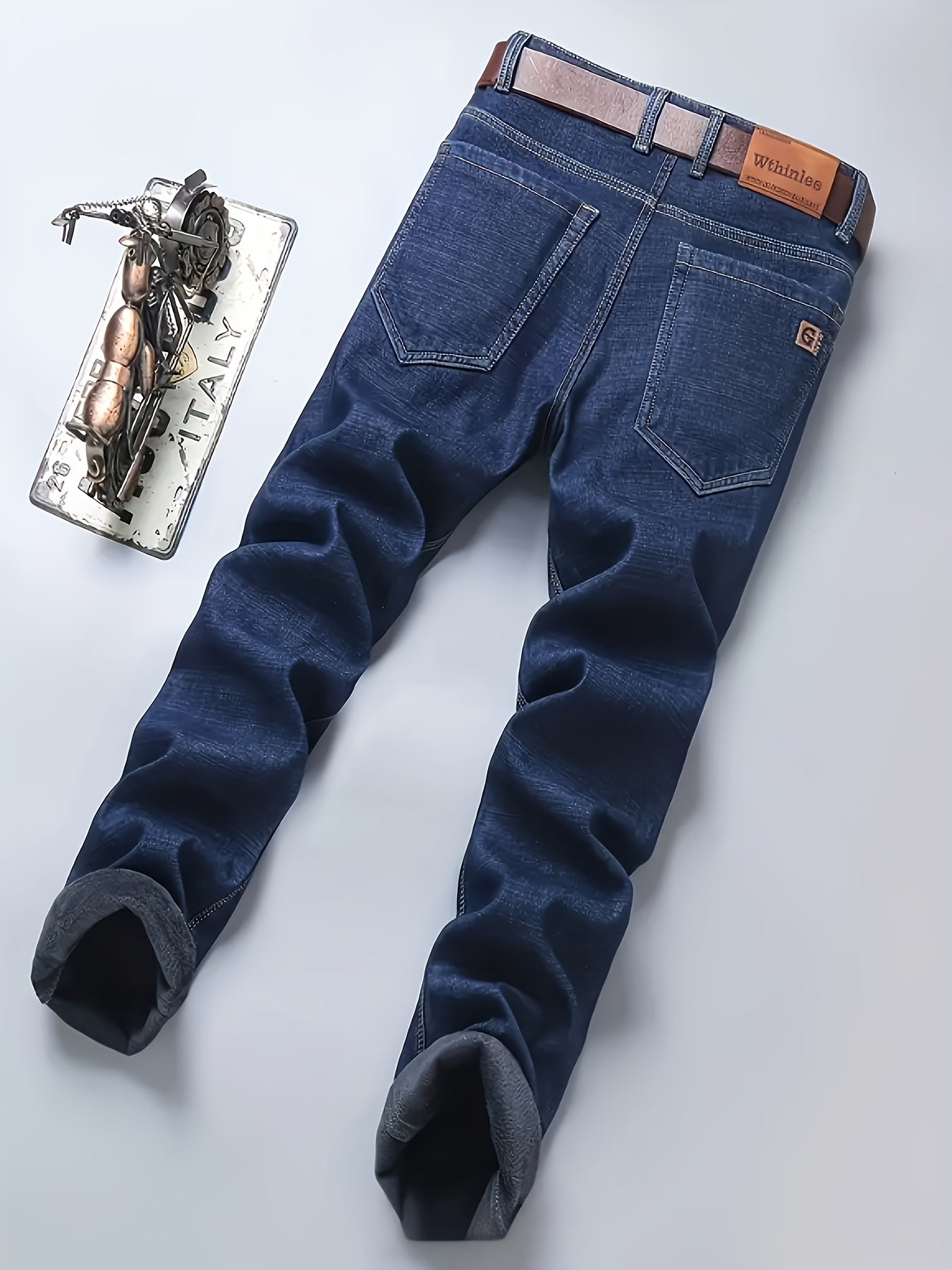 HME Men's Thermal Insulated Fleece-Like Faux Denim - Heavy-Duty Winter Pants with YKK Zipper Closure, Mid-Rise Straight-Leg Fit, Windproof & Cold-Resistant Faux Denim Trousers for Business Casual & Casual Attire, Classic Blue