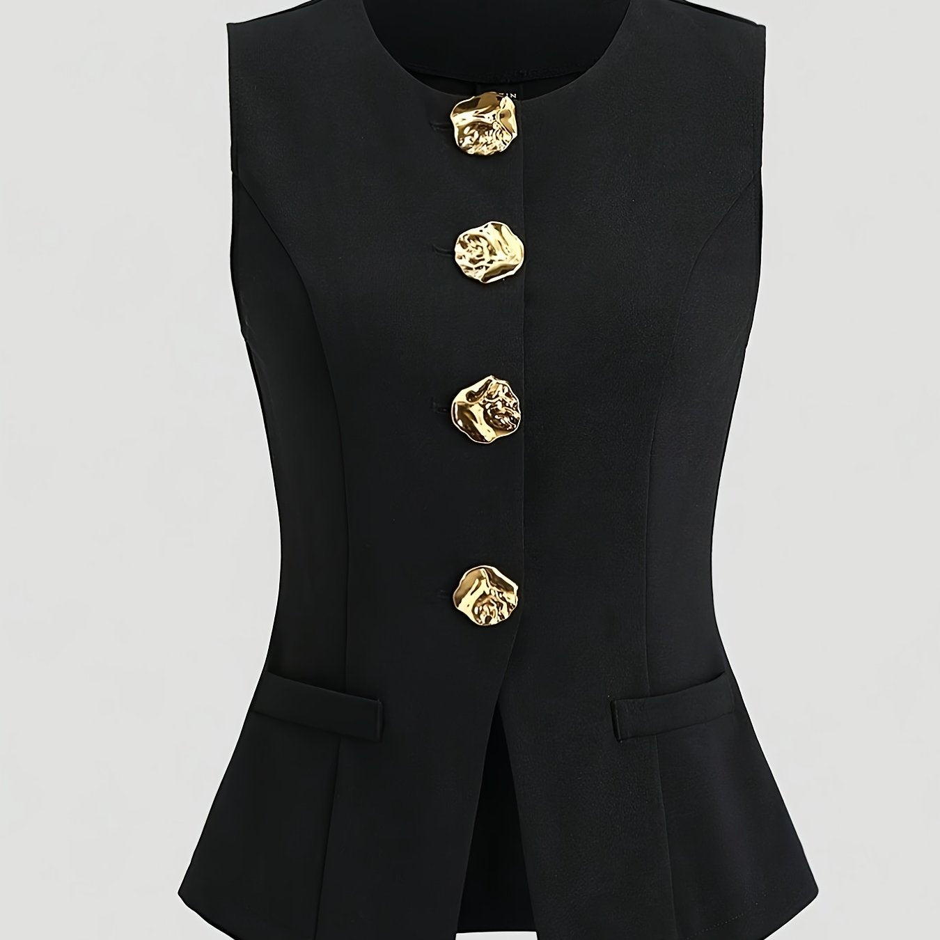 Women's French Chic Blazer - Sleeveless coat with Metallic Buttons, Structured Black Jacket for Business, Formal Events - Machine Washable Women's Professional Outerwear, Seasonal Wardrobe Staple, Office Wear, Elegant Style,