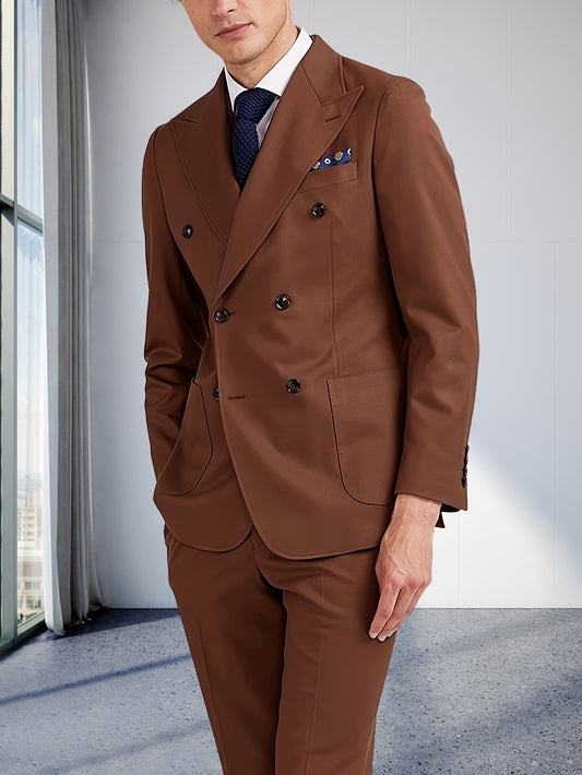 Men'S Brown Double-Breasted Blazer with Notch Lapels - Casual Business Suit for Weddings, Graduations & Parties, Solid Color, Long Sleeves, Regular Fit, Spring/Fall Wear, Wedding Attire, Classic Style, Nonstretch Fabric