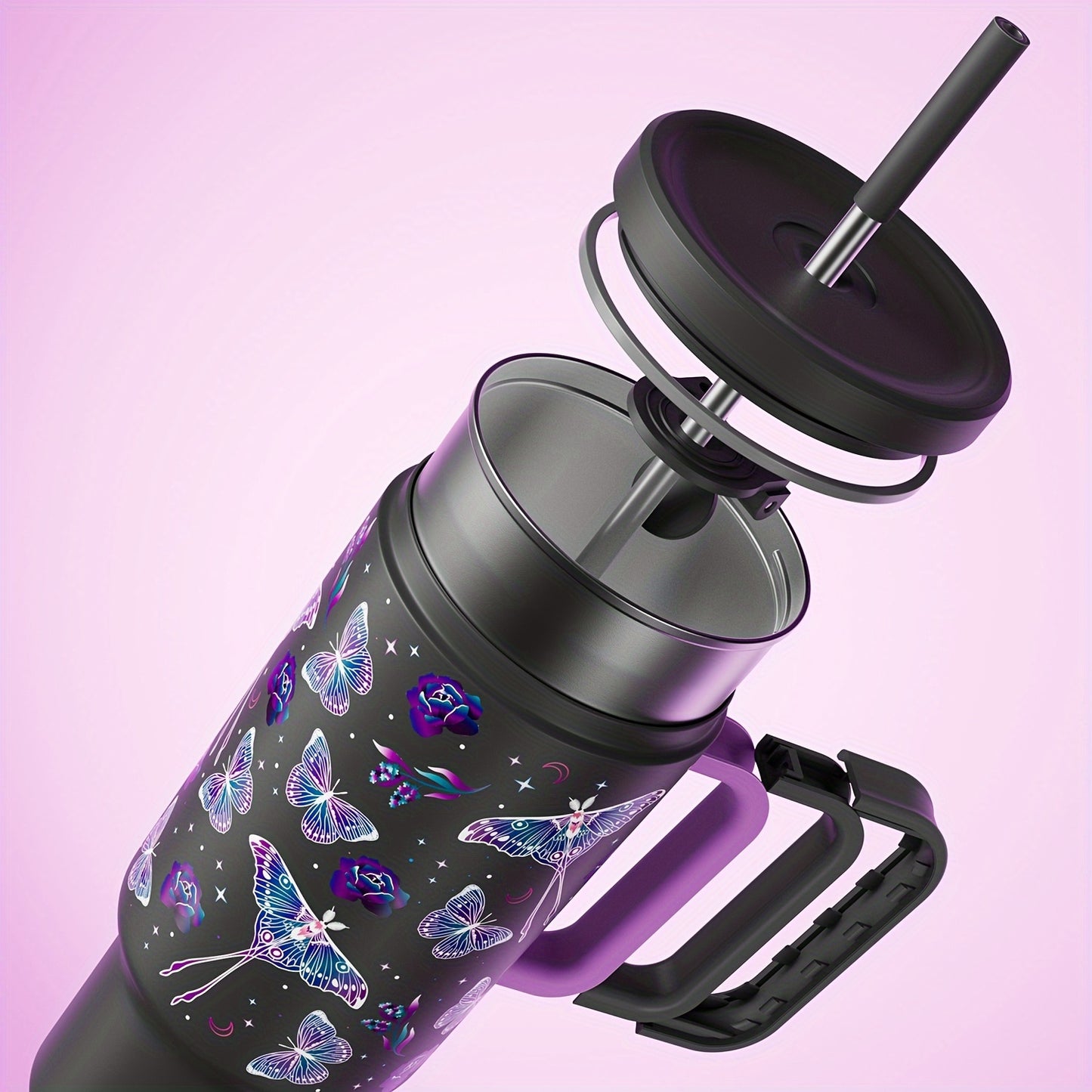 Meoky 40oz Insulated Stainless Steel Water Bottle - Vibrant Butterfly Design, Keeps Drinks Hot/Cold for Hours, with Lid, Straw & Handle - Ideal for Outdoor Activities, Camping, Hiking, Car Travel - Perfect Easter Gift