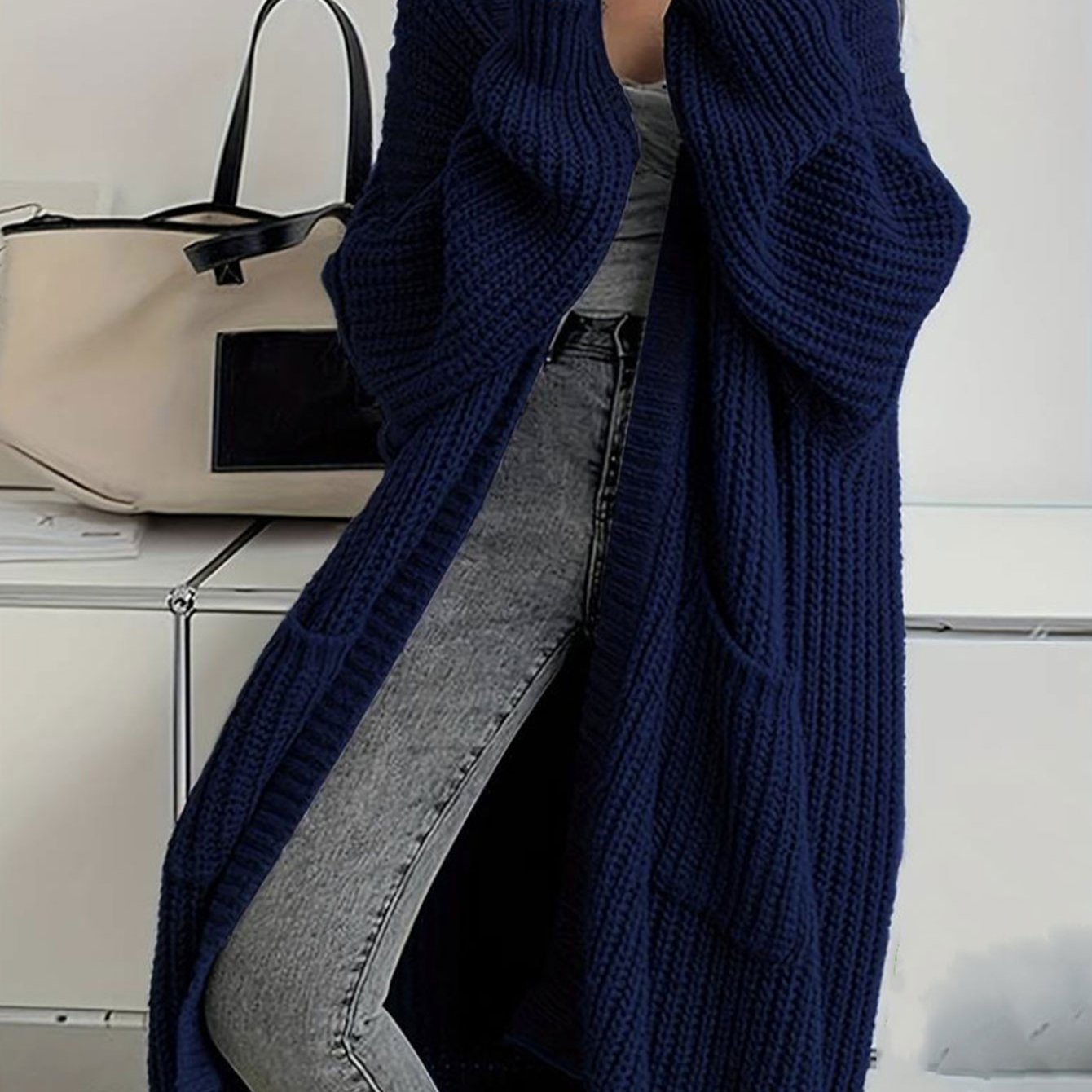 2025 Women'S Casual Long Sleeve Open Front Sweaters with Pockets in Plain Rib for Autumn, Long Cardigan For Women, Women'S Cardigan, Winter Clothe For Women, Fall Clothe For Women, Top For Women