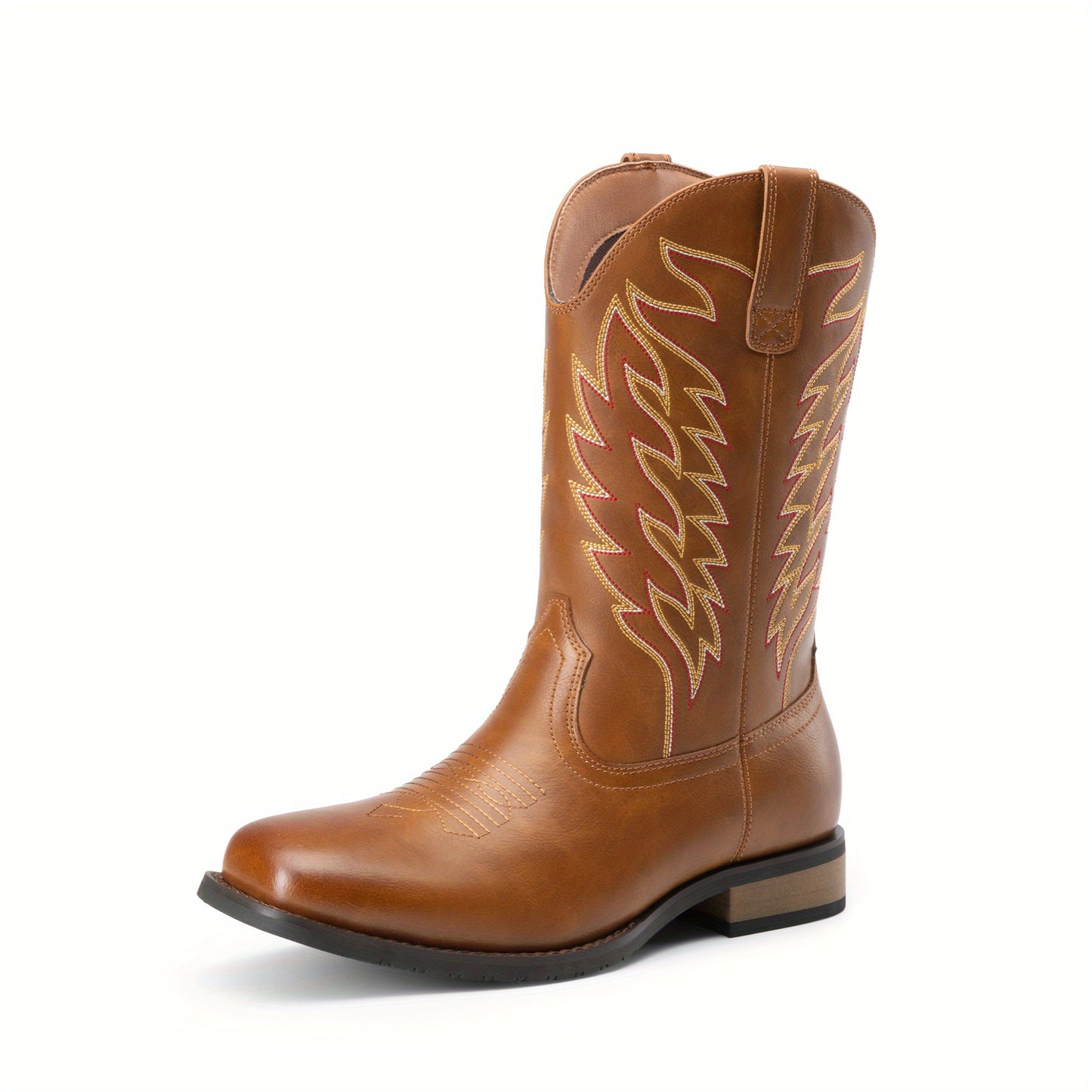 Bruno Marc Men's Slip-On Western Cowboy Boots with Chic Cloud Pattern & Orange Flame-like Toe - Non-Slip TPR/Rubber Sole, Comfortable PU Upper, Retro Square Toe - All-Terrain Riding, Masquerade & Party Boots for Men (Easy Sli