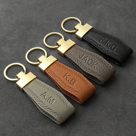 Personalized Engraved Initials Keychain - Custom Faux Leather Key Ring with Golden-Tone Climbing Hook, 4 Colors (Golden, Black, Brown, Tan) - Durable Minimalist Design for Men & Women - Valentine's Day, Christmas, New Year Gi