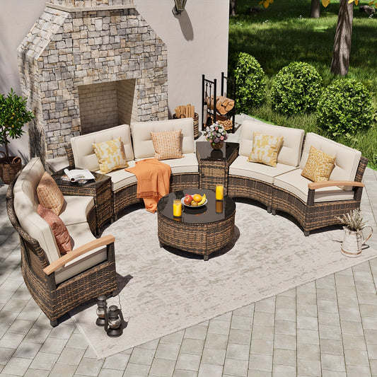 8-11pcs Outdoor Patio Furniture Set, Half-Moon Curved Sectional Sofa Rattan Patio Conversation Set with Wood Armrests for Porch, Backyard - Tempered Glass Round Coffee Table & Side Table