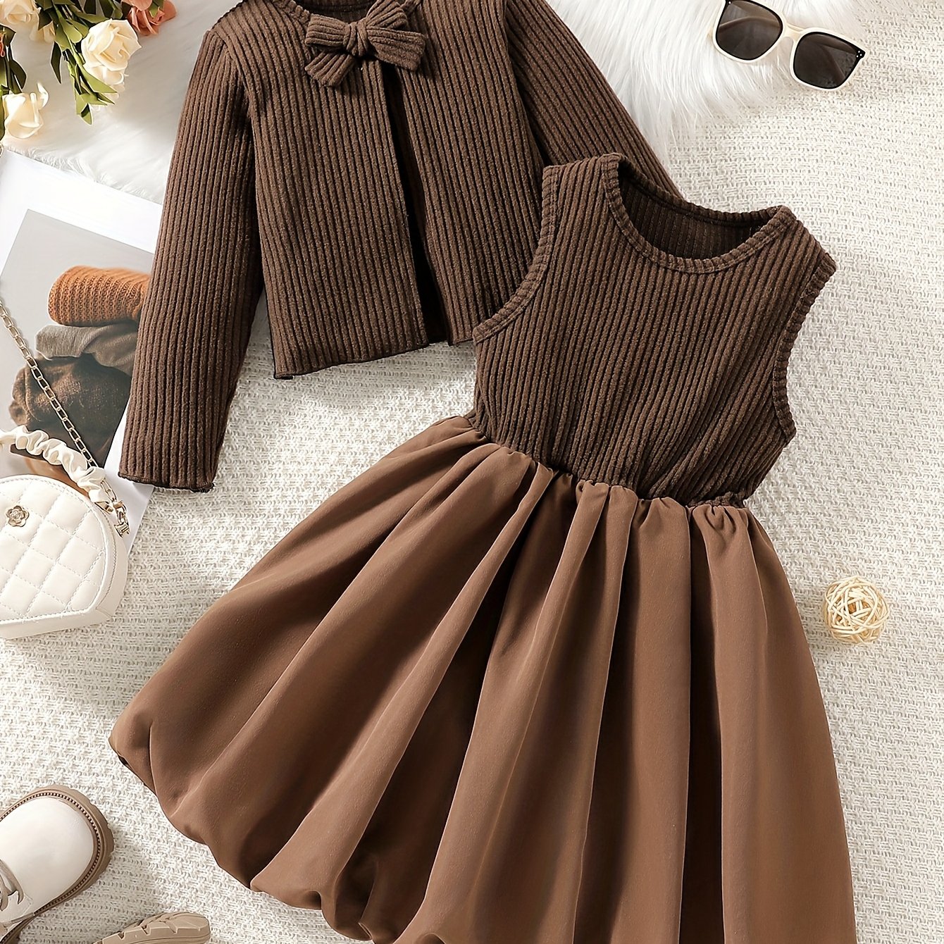' Elegant Two-Piece Set for Spring and Autumn: Long-Sleeve Thin Coat with Bow Neckline + Vest-Stitched Bubble Bud Dress, Perfect as a Fall Gift Party Outfit or Casual Wear, Daily Leisure Wear, Spring Outing Attire, Feminine F