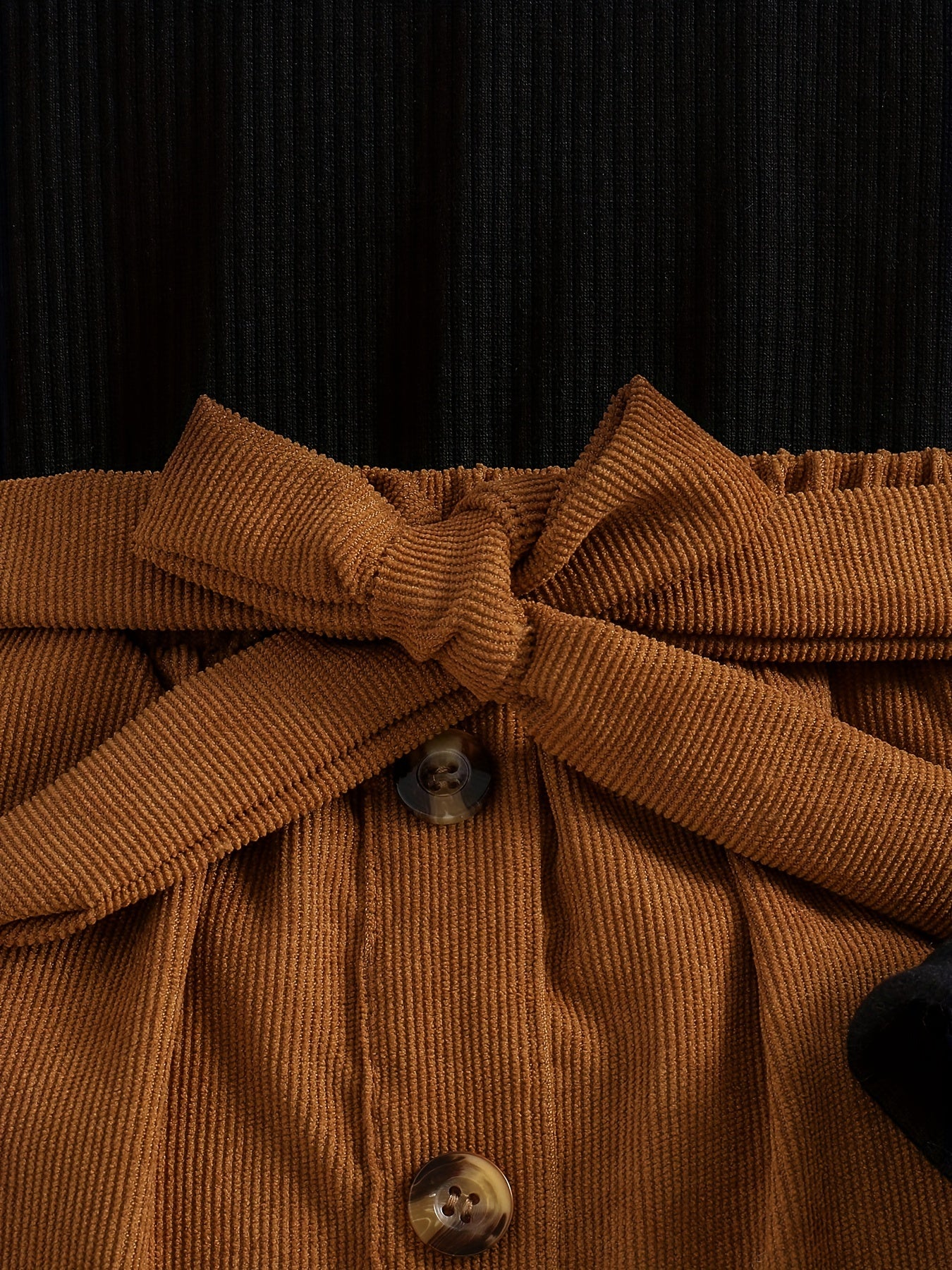 ' Elegant Solid Color Long Sleeve Half Dress Set - A-Line Skirt with Waist Tie Belt, Soft Breathable Fabric, Classic White & Brown Outfit for Spring & Fall, Casual to Semi-Formal Occasions, Casual Attire, School Events, Famil