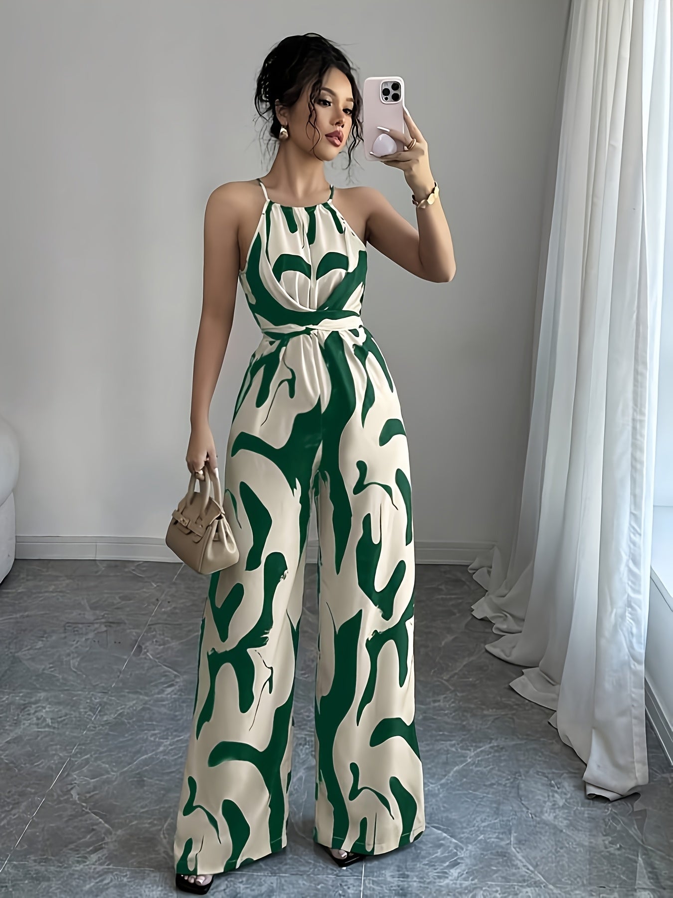 Green Women's Geometric Print Sleeveless Jumpsuit with Tie Waist and Wide Legs in White - Perfect for Night Outs, Parties, and Casual Attire, Casual Attire|Modern Casualwear|Strapless Jumpsuit