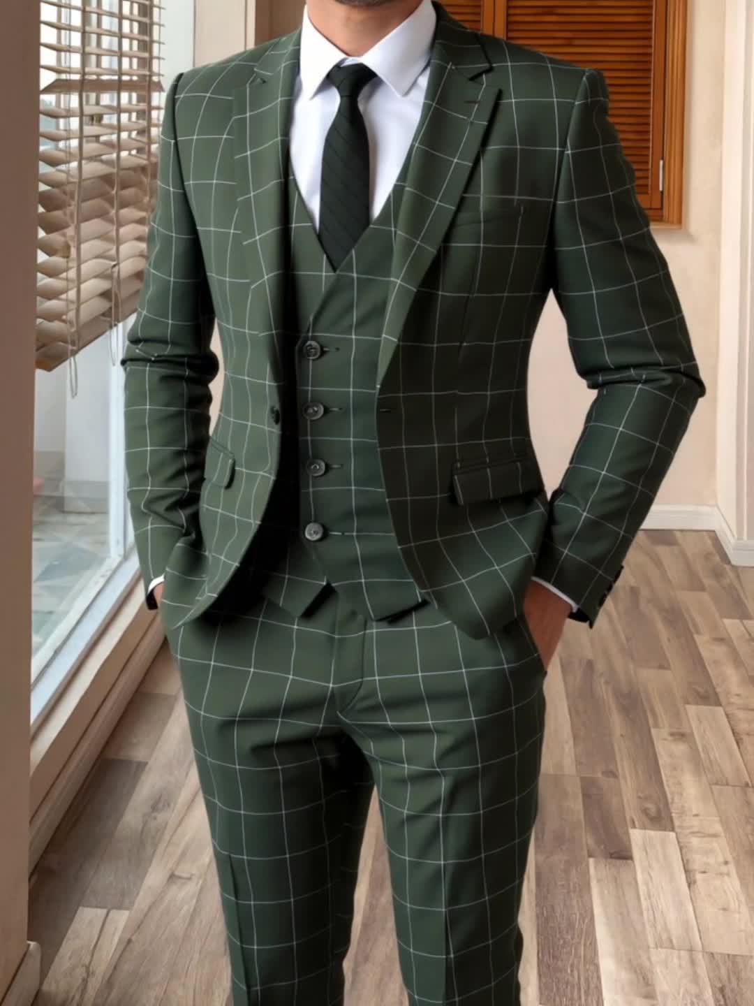 Men'S 3pcs Plaid Suit Formal Wedding Party Event Vintage Western Suit Casual Business Workwear Dress Suit
