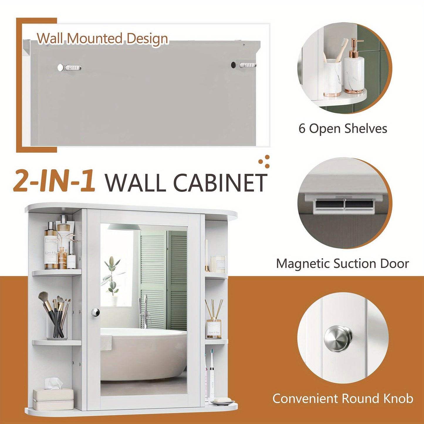 Modern Wall-Mounted Bathroom Medicine Cabinet with Mirror - 6 Open Shelves, Durable Non-Wood Moisture-Resistant Design, Space-Saving White Storage Organizer for Bathroom Essentials, Toiletry Organization, Contemporary Style,
