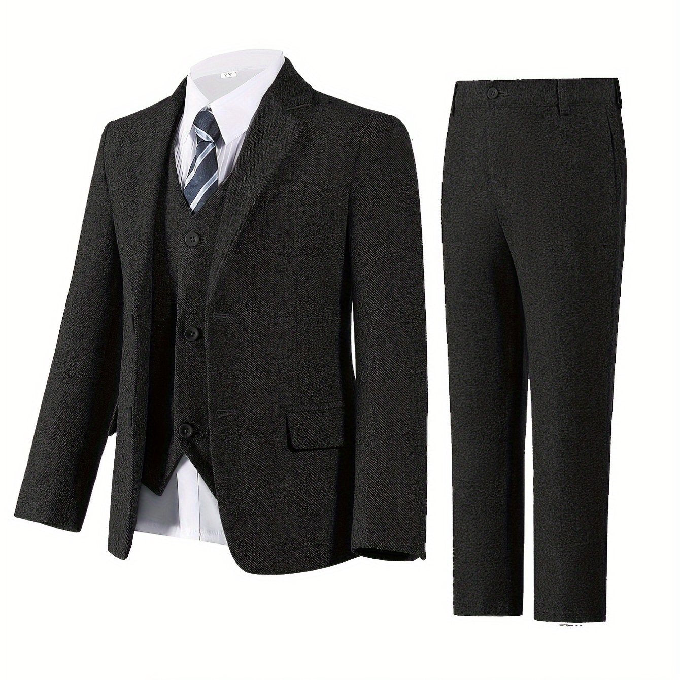 Boys' 3pcs Slim Fit Tuxedo-Style Suit Set Herringbone Jacket Vest Dress Pants Formal Wedding Attire with Ring Bearer Gloves