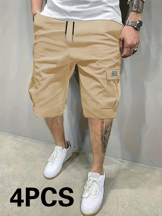 [Solid Color Cargo Shorts] 4-Pack Men's Casual Cargo Shorts - Solid Color, 100% Polyester, Non-Stretch Woven Fabric, Loose Fit, 135g/m², Summer Fashion