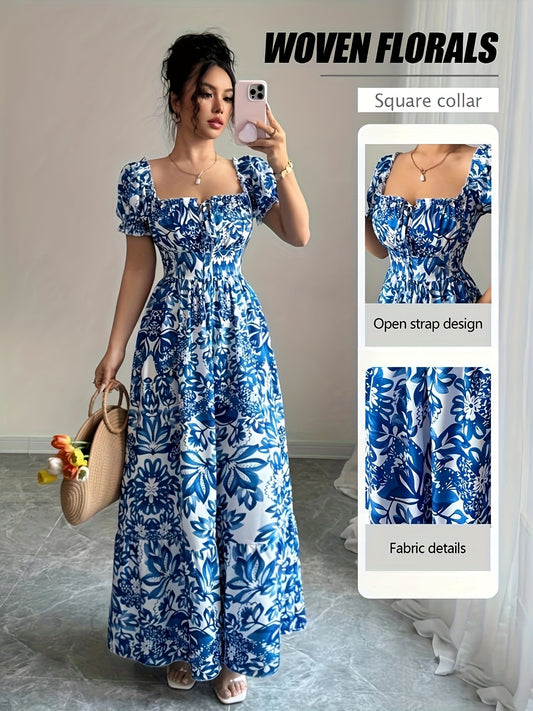 Blue Women's Floral Print Draped Front Tie Waist Dress - Bell Sleeve Square Neck Long Dress with Open Strap Design, Machine Washable Fabric for Spring Summer Fall Casual & Beach Vacations, Beach Dresses, Summer Fashion, Vacat